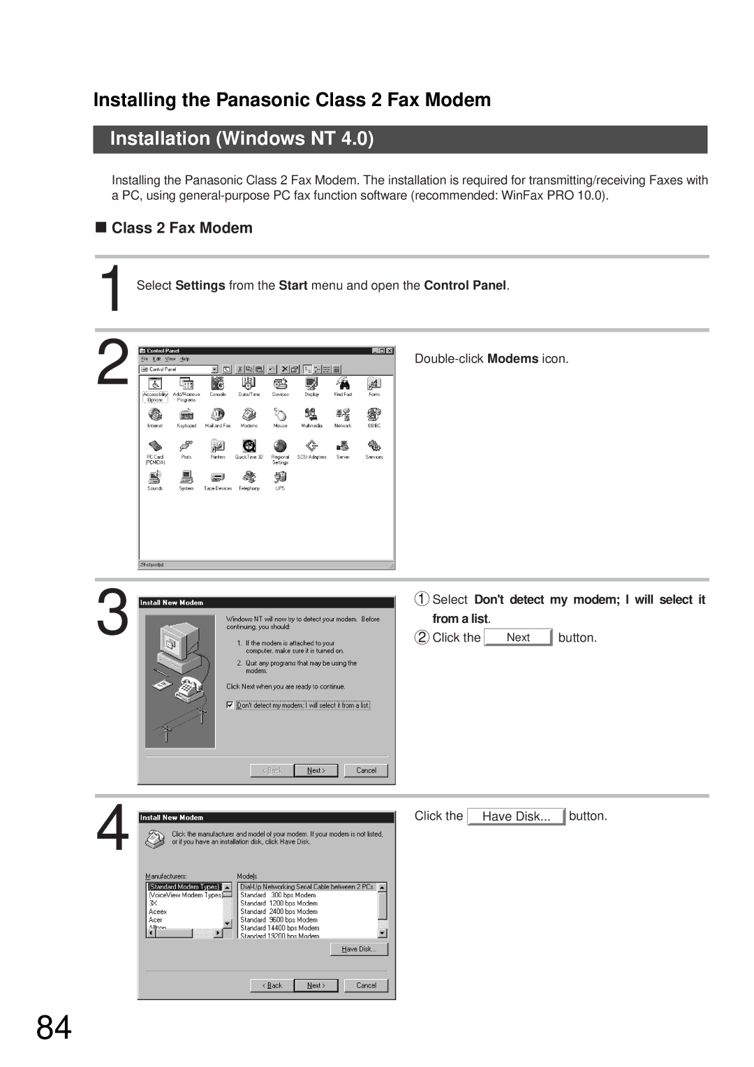 Panasonic DP-2000, DP-3000 manual Installation Windows NT, Class 2 Fax Modem 