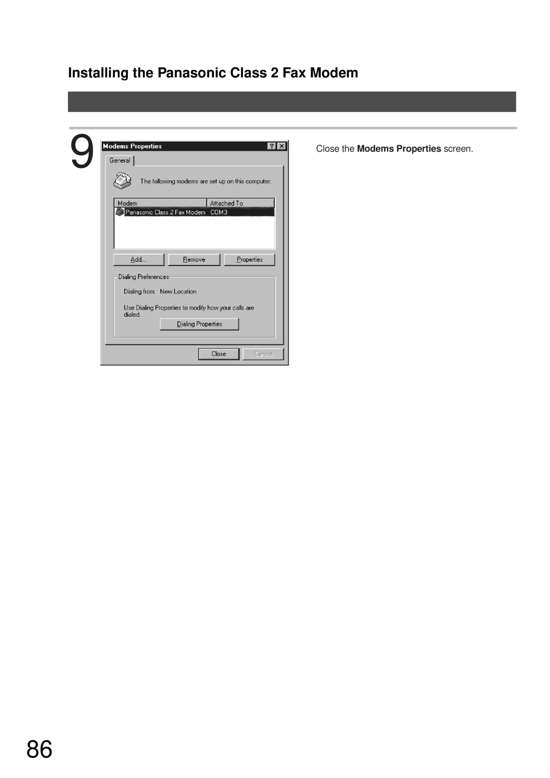 Panasonic DP-2000, DP-3000 manual Close the Modems Properties screen 