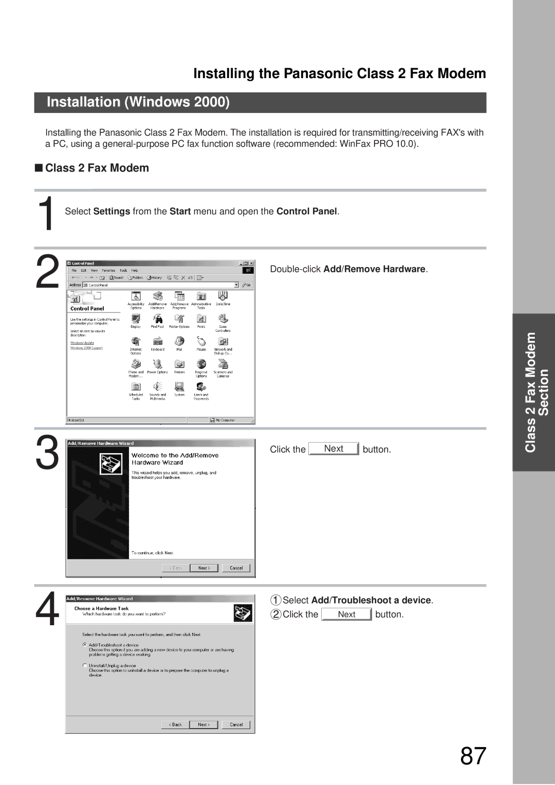 Panasonic DP-3000, DP-2000 manual Installation Windows, Select Add/Troubleshoot a device 