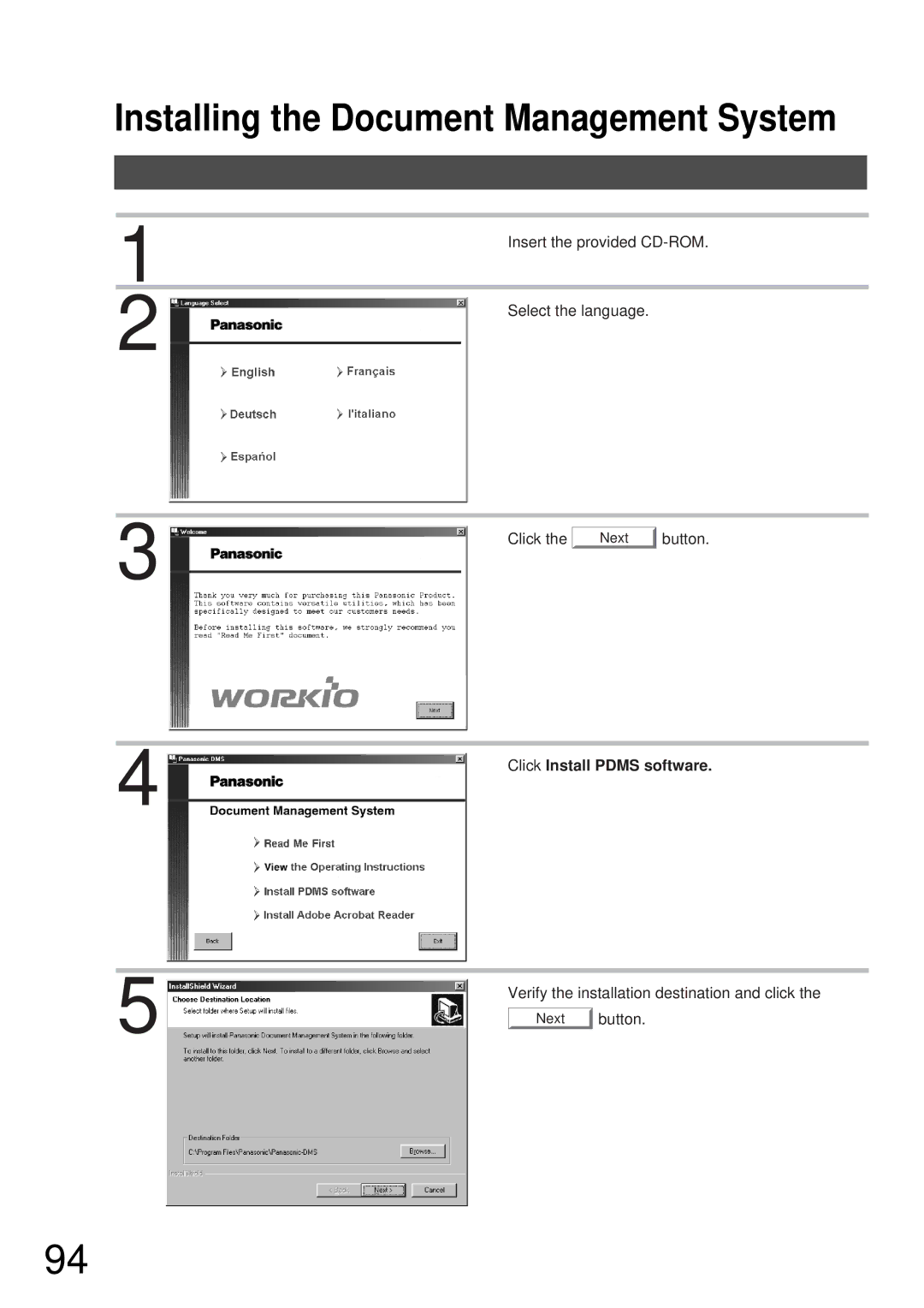 Panasonic DP-2000, DP-3000 manual Installing the Document Management System, Click Install Pdms software 