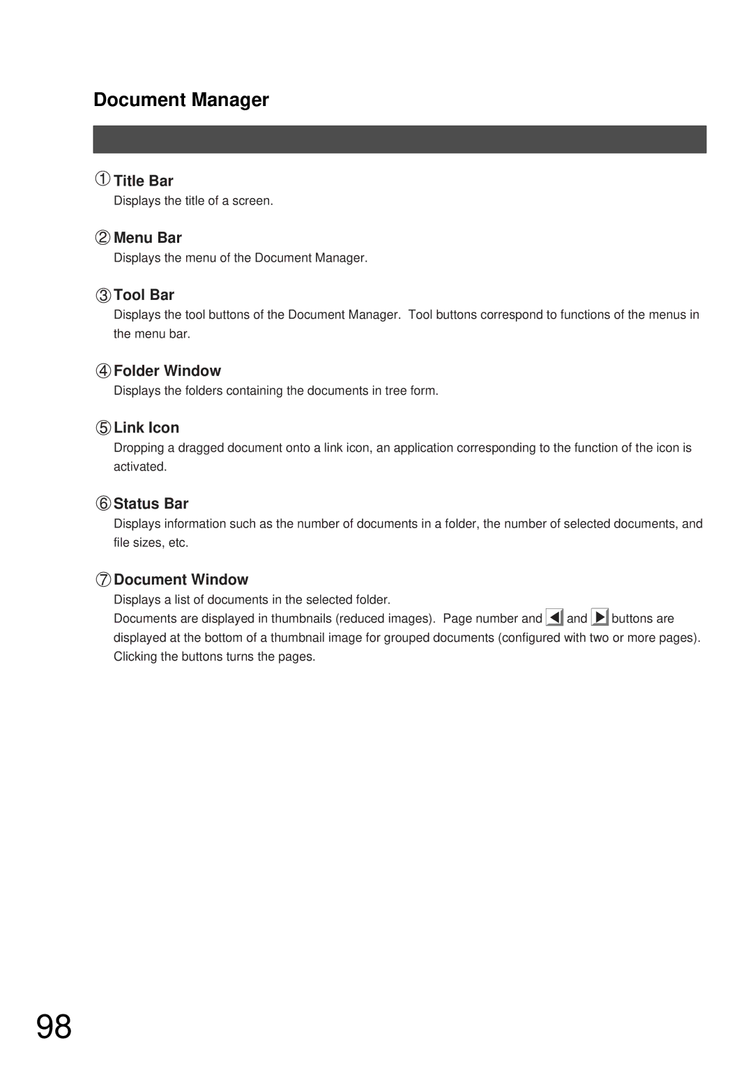 Panasonic DP-2000, DP-3000 manual Title Bar, Menu Bar, Tool Bar, Folder Window, Link Icon, Status Bar, Document Window 