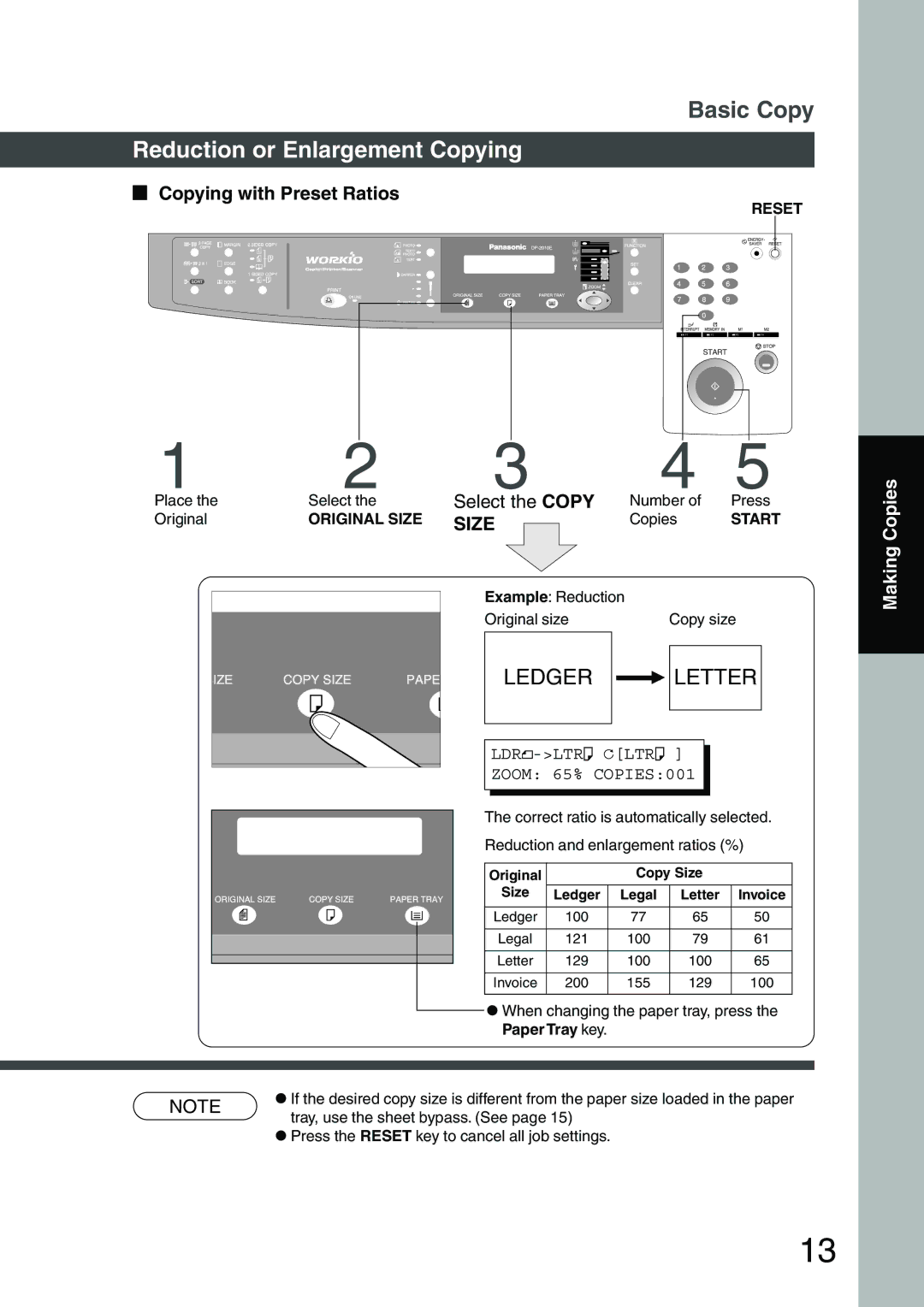 Panasonic DP-1810P, DP-2010E Reduction or Enlargement Copying, Copying with Preset Ratios, Select the Copy, Paper Tray key 