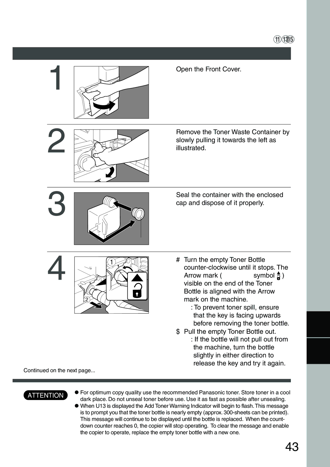 Panasonic DP-1810P, DP-2010E Adding the Toner and Replacing Toner Waste Container ?, Open the Front Cover, Illustrated 