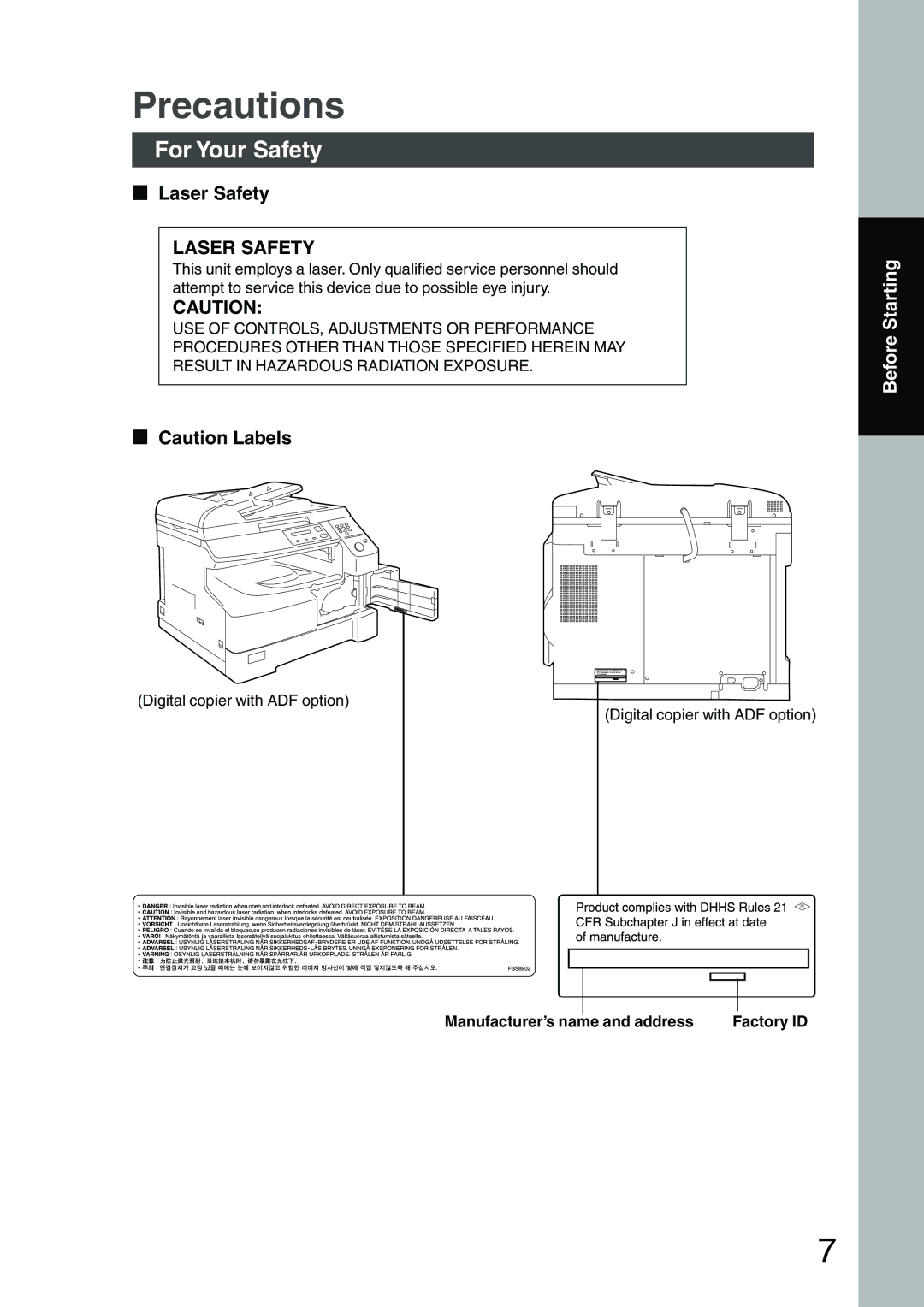 Panasonic DP-1810P, DP-2010E manual Precautions, For Your Safety, Laser Safety, Manufacturer’s name and address Factory ID 