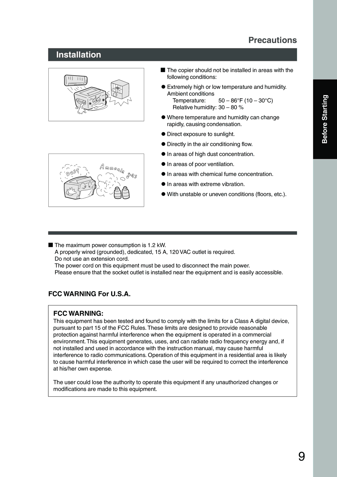 Panasonic DP-1810P, DP-2010E manual Installation, FCC Warning For U.S.A 