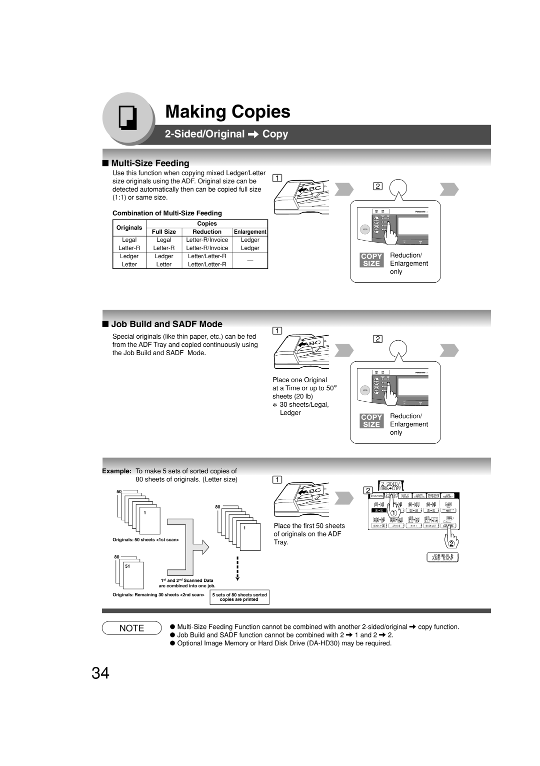 Panasonic DP-2310, DP-3010 manual Job Build and Sadf Mode, Combination of Multi-Size Feeding 