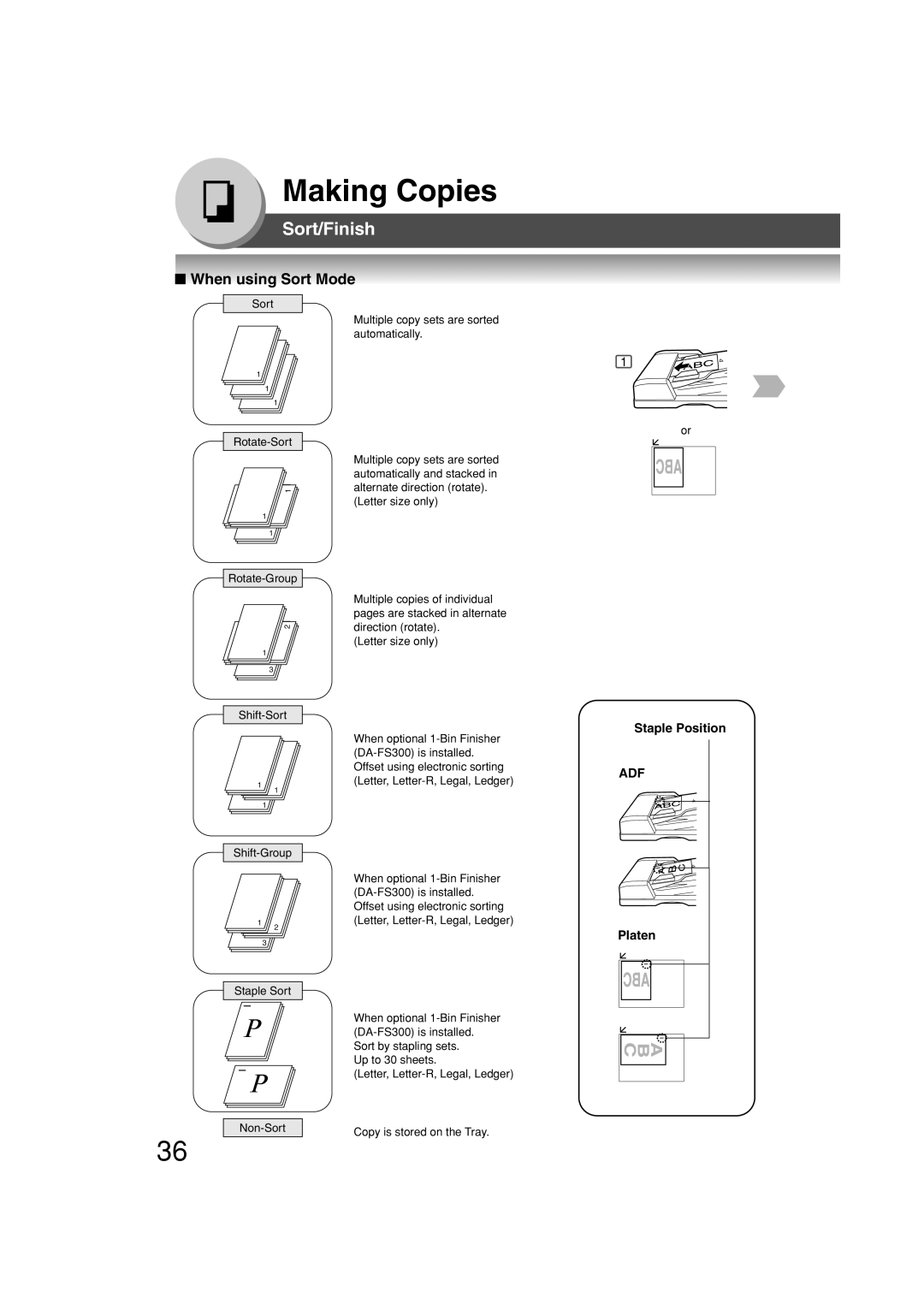 Panasonic DP-2310, DP-3010 manual Sort/Finish, When using Sort Mode, Staple Position 