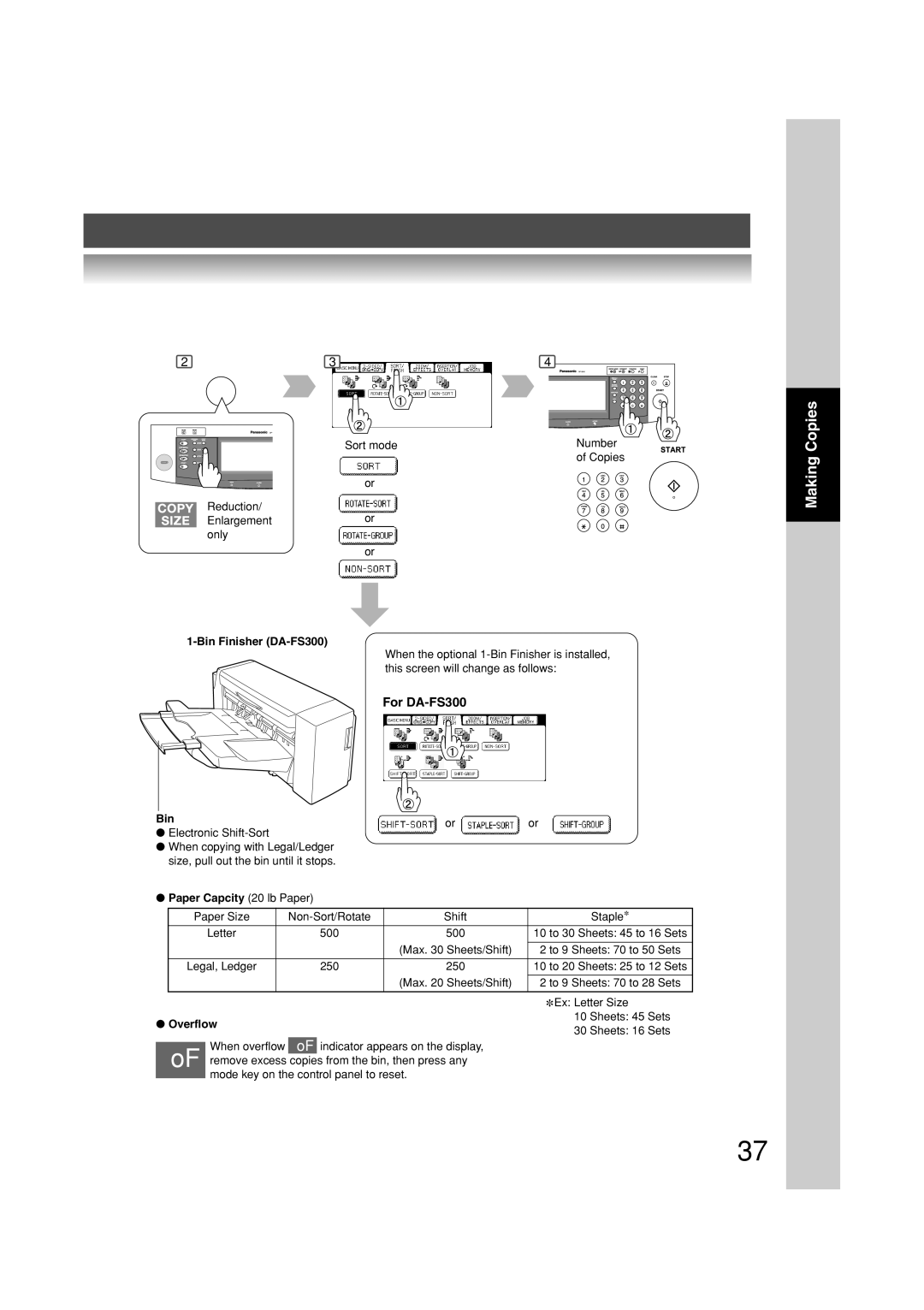 Panasonic DP-3010, DP-2310 manual For DA-FS300, Bin Finisher DA-FS300, Paper Capcity 20 lb Paper, Overflow 