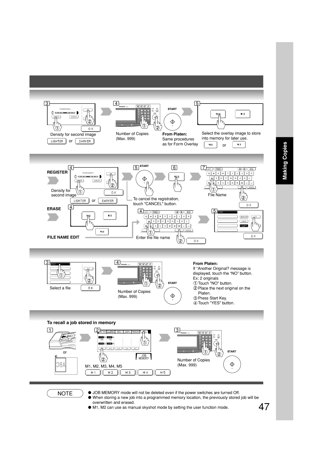 Panasonic DP-3010, DP-2310 manual Copies, To recall a job stored in memory 