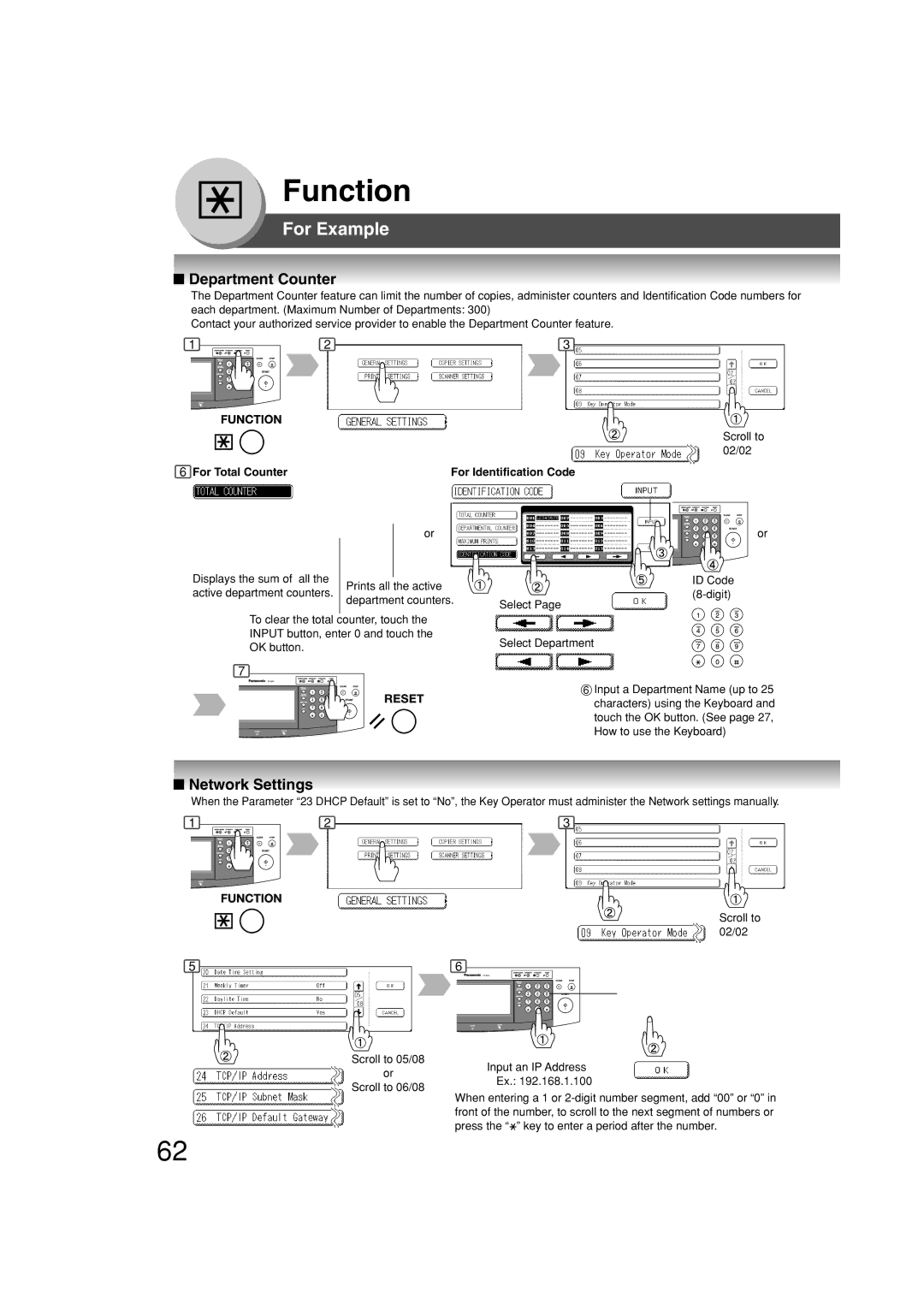 Panasonic DP-2310, DP-3010 manual Department Counter, Network Settings, For Total Counter For Identification Code 