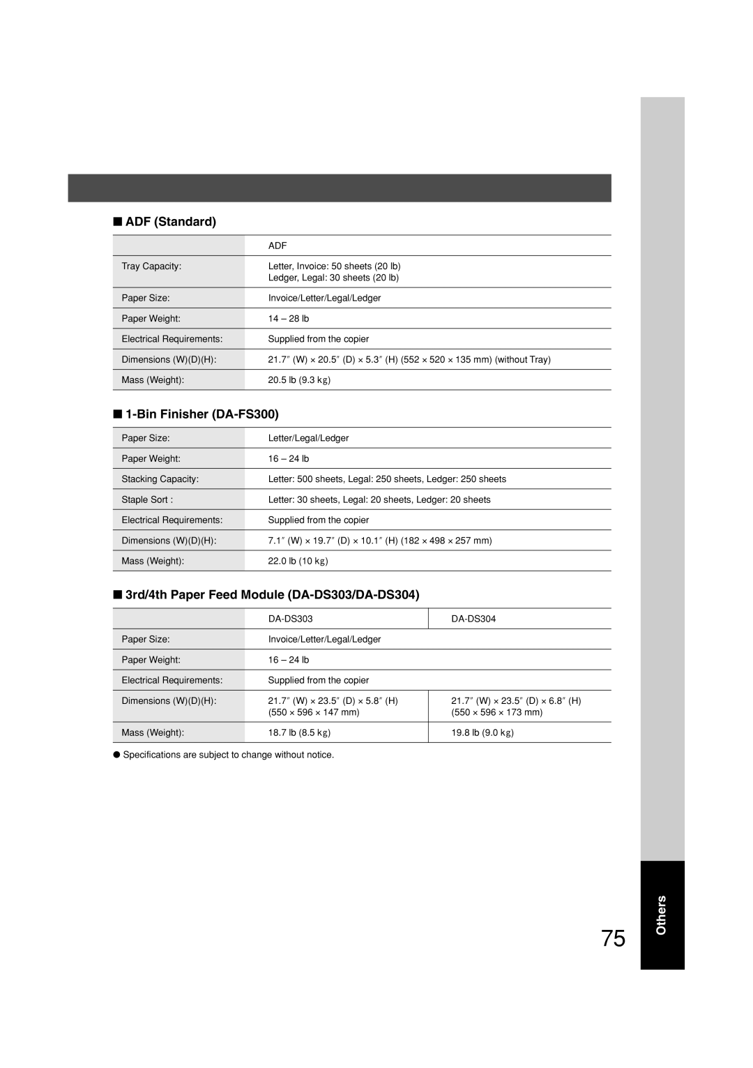 Panasonic DP-3010, DP-2310 manual ADF Standard, Bin Finisher DA-FS300, 3rd/4th Paper Feed Module DA-DS303/DA-DS304, Adf 