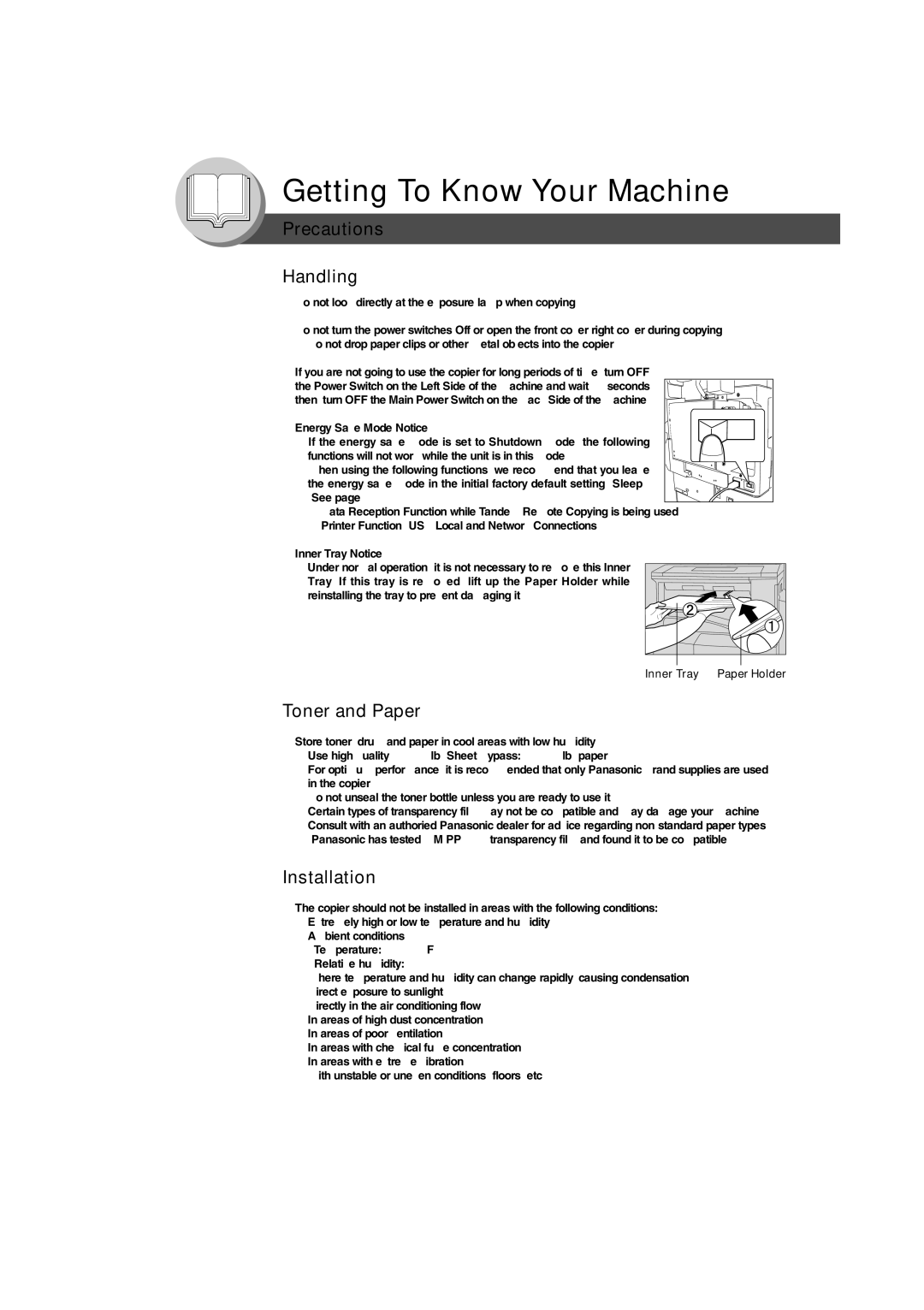 Panasonic DP-2310, DP-3010 manual Handling, Inner Tray Paper Holder 