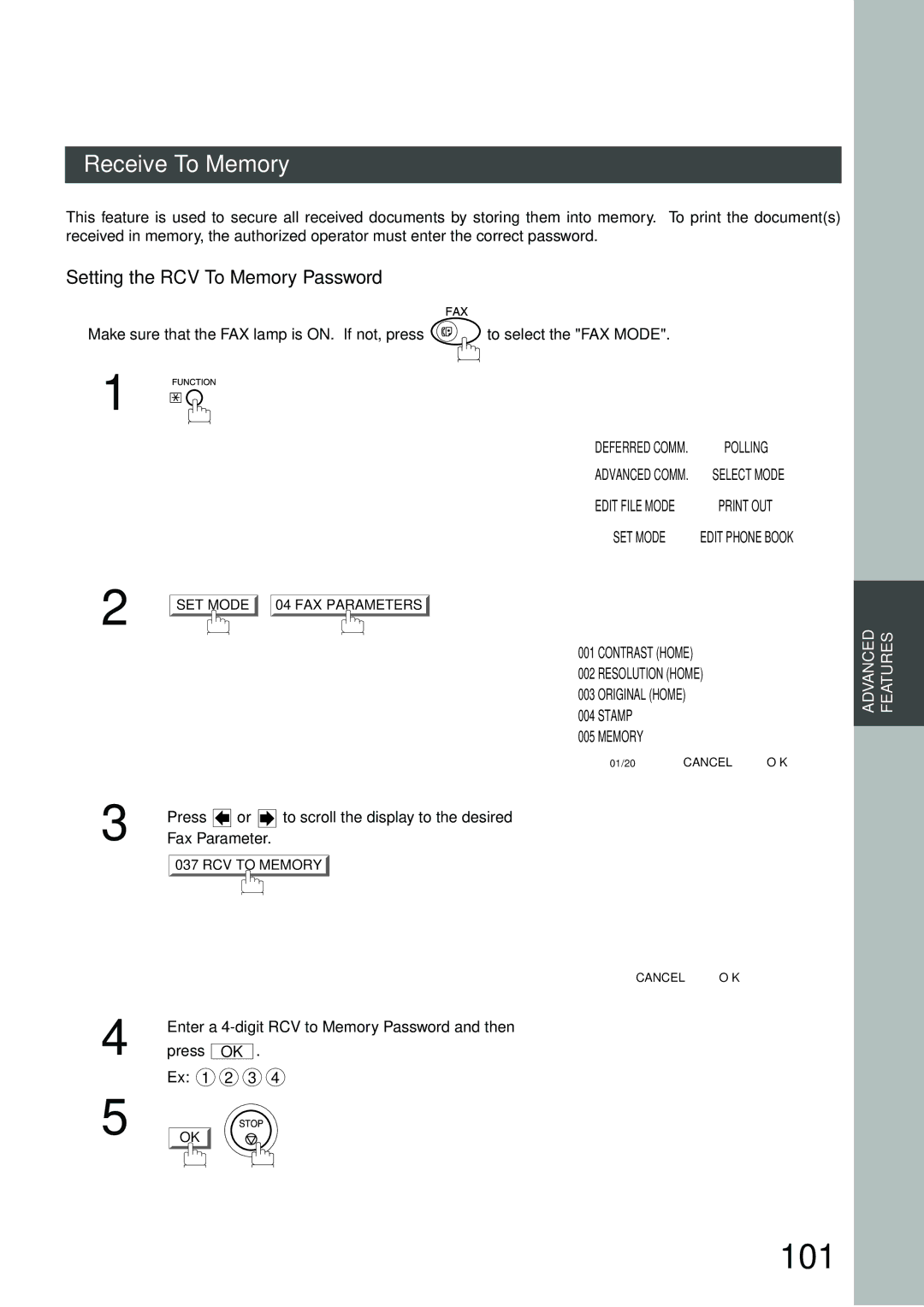 Panasonic DP-3000, DP-2500 manual 101, Receive To Memory, Setting the RCV To Memory Password, Ex 1 2 3 