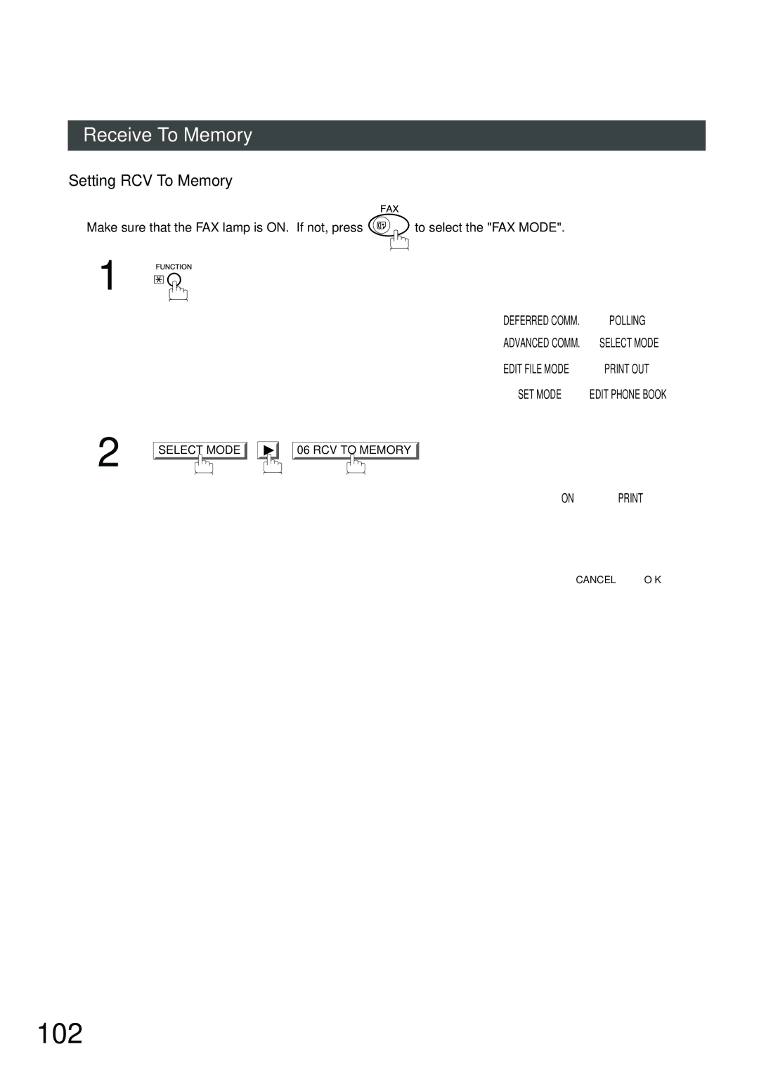 Panasonic DP-2500, DP-3000 manual 102, Setting RCV To Memory 