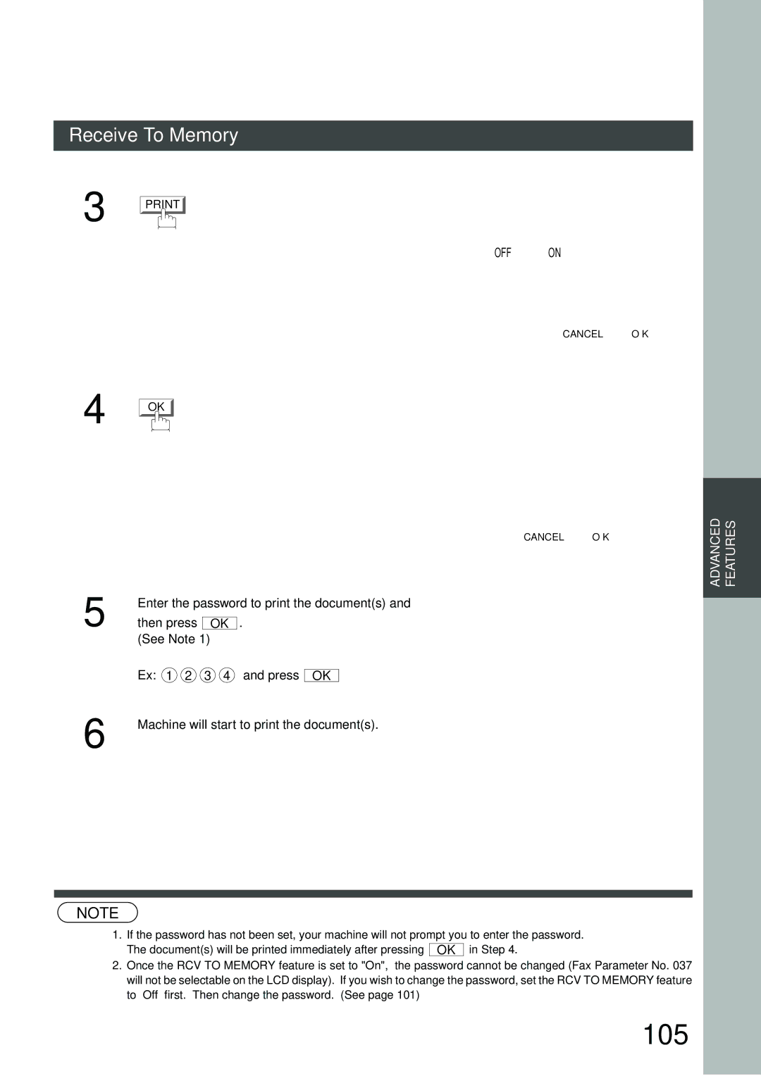 Panasonic DP-3000, DP-2500 manual 105, Enter the password to print the documents, Then press See Note, Ex 1 