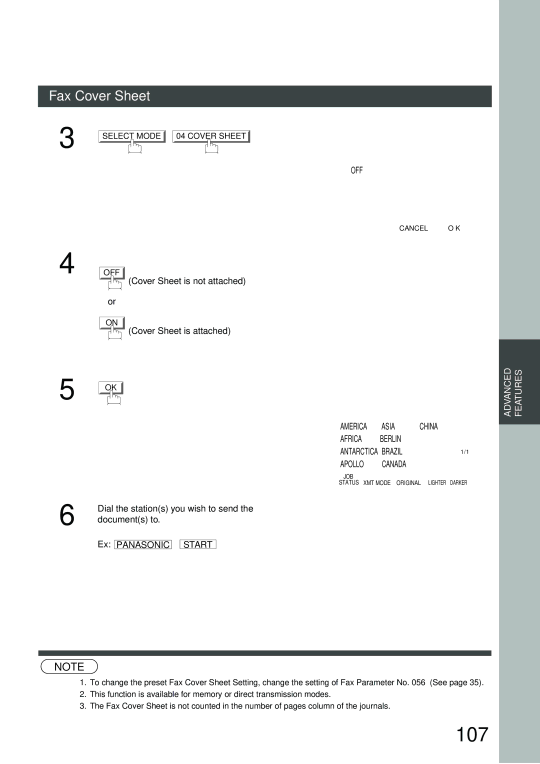 Panasonic DP-3000, DP-2500 manual 107, Cover Sheet Select a Function, Ex Panasonic Start 