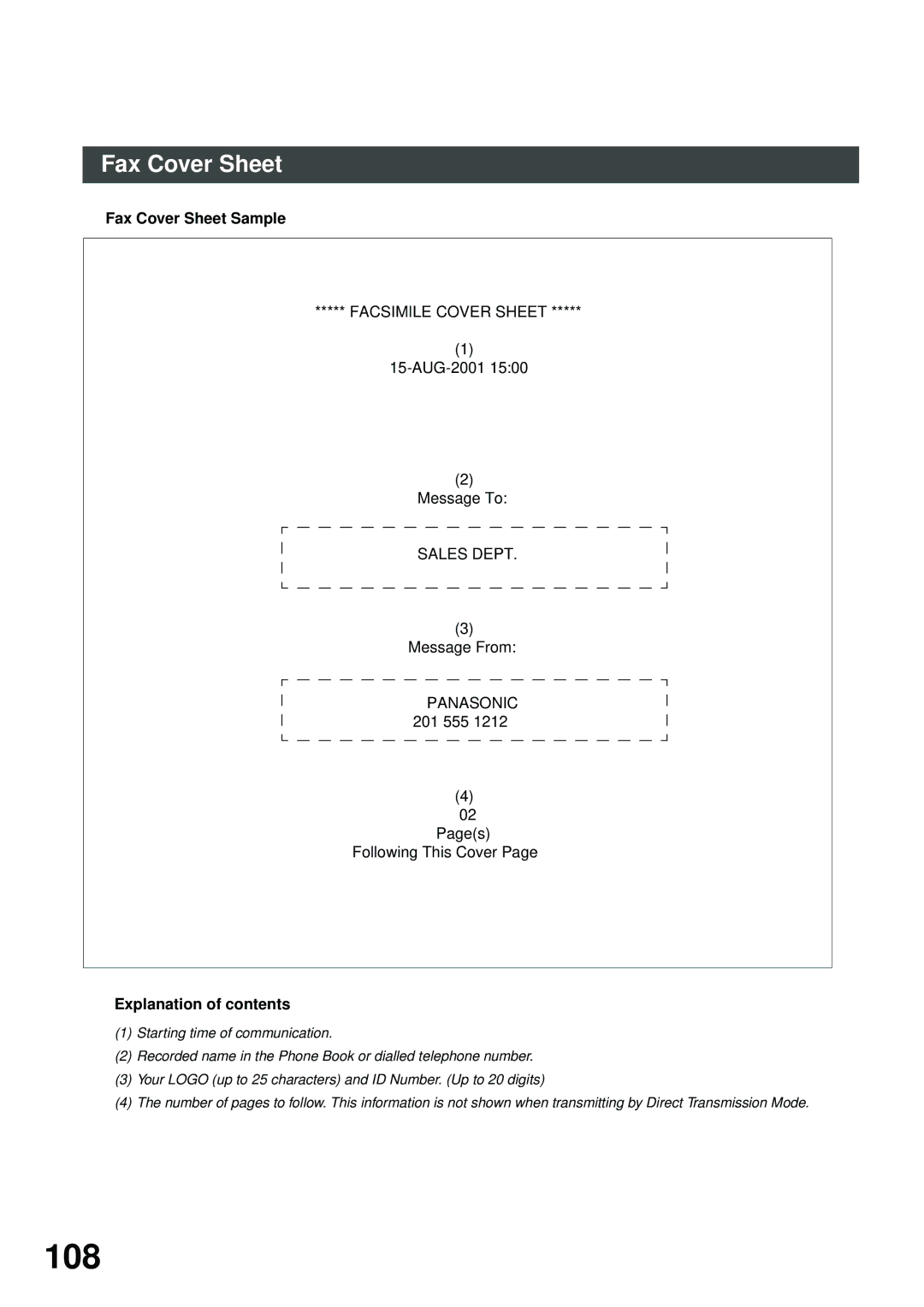 Panasonic DP-2500, DP-3000 manual 108, Fax Cover Sheet Sample 