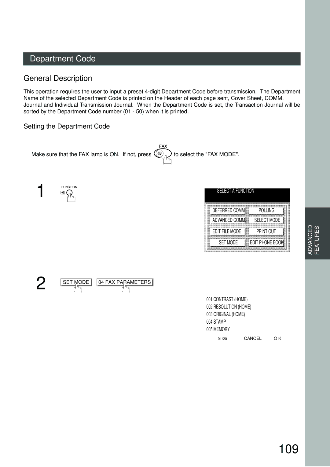 Panasonic DP-3000, DP-2500 manual 109, General Description, Setting the Department Code 