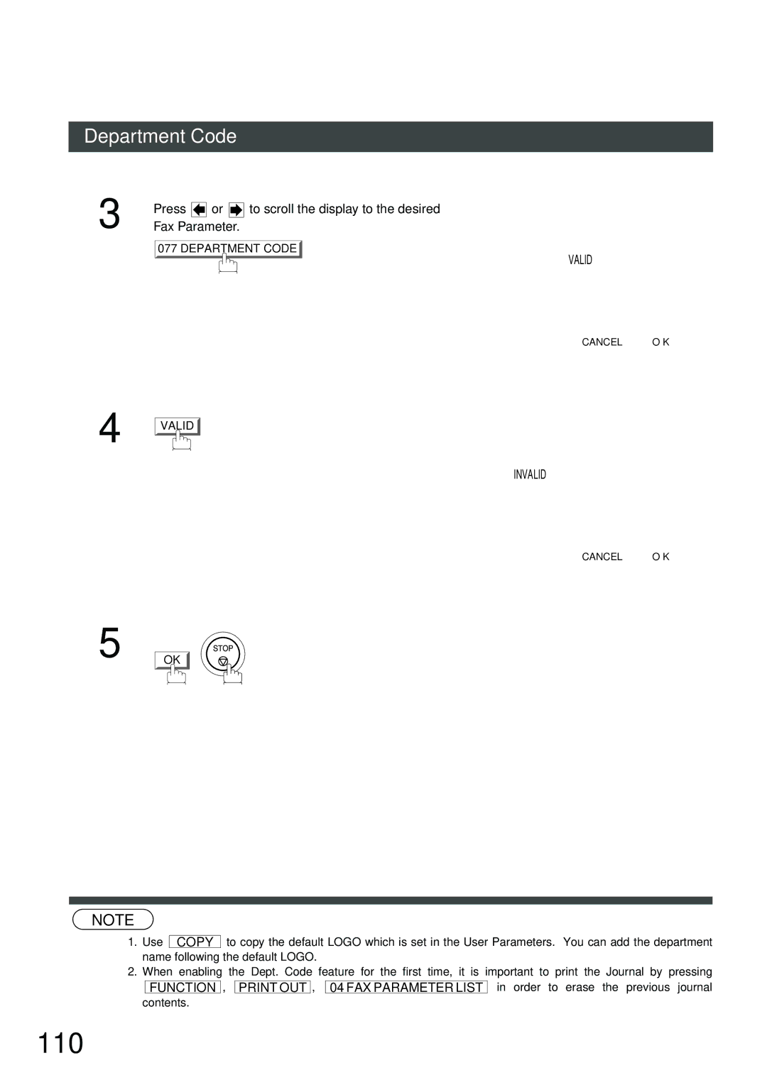 Panasonic DP-2500, DP-3000 manual 110, Department Code Invalid Valid 