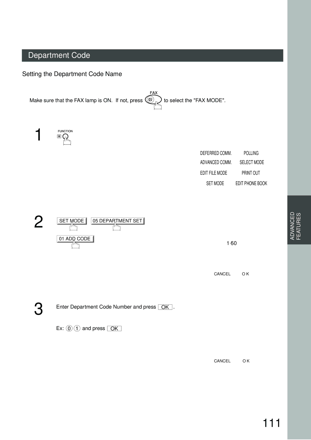 Panasonic DP-3000, DP-2500 manual 111, Setting the Department Code Name, Enter Department Code Number and press, ADD Code 