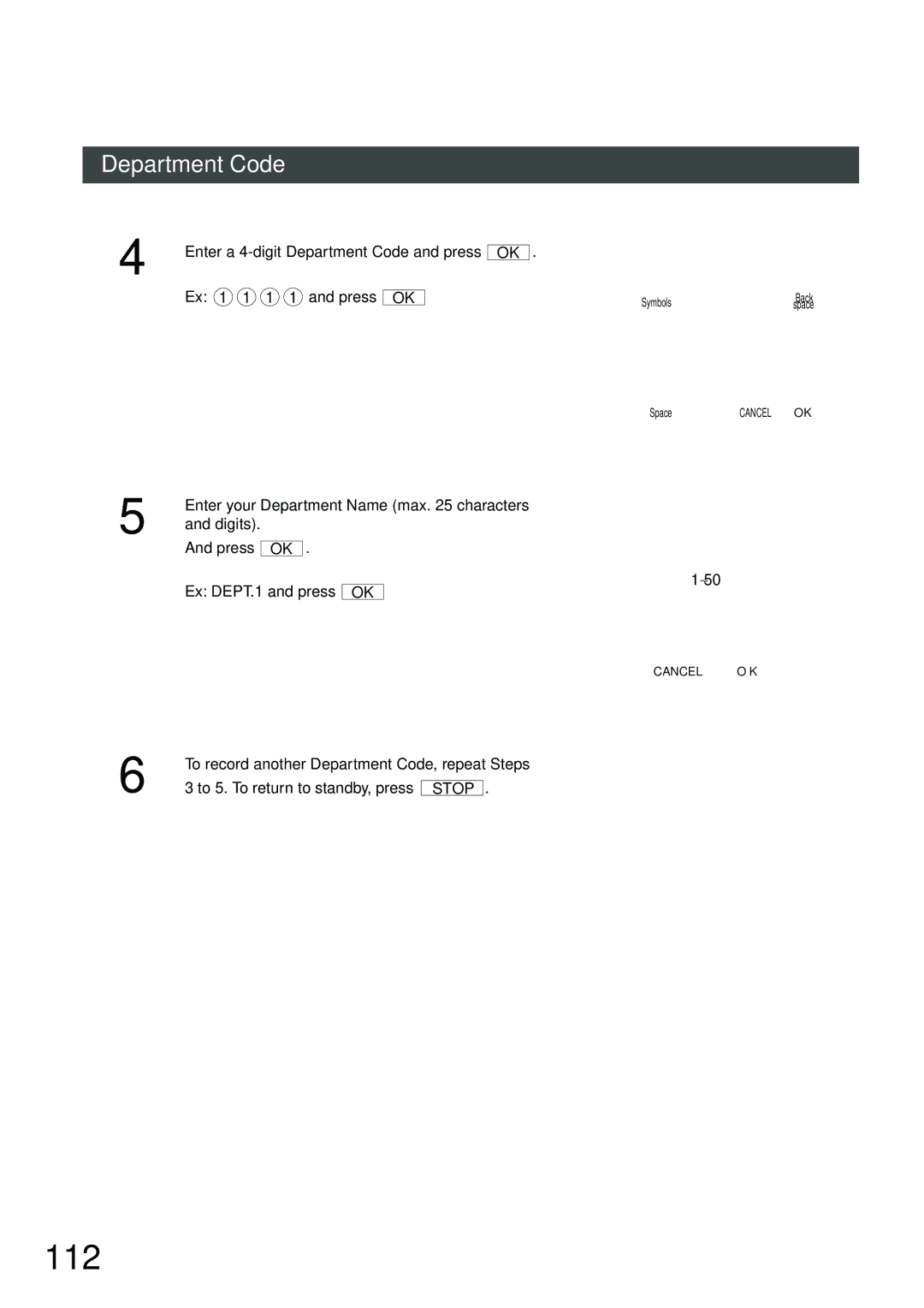 Panasonic DP-2500, DP-3000 manual 112, Enter a 4-digit Department Code and press, Ex 1 1 1 1 and press, ADD Code Enter Name 