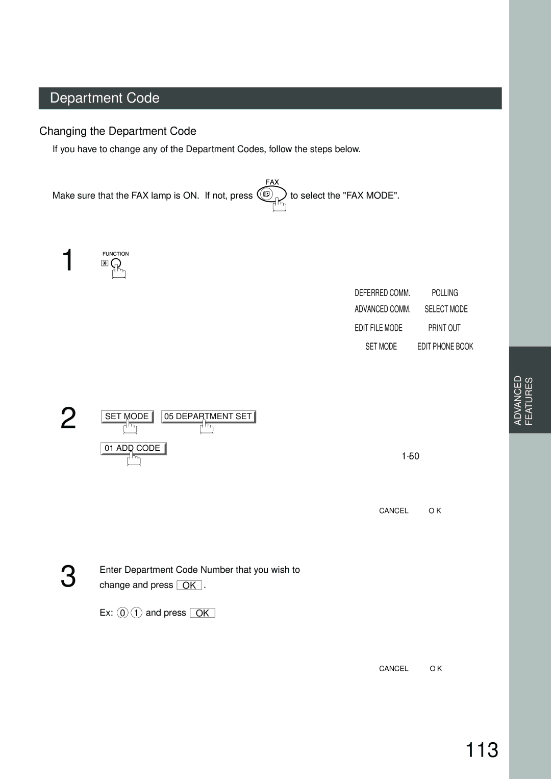 Panasonic DP-3000 manual 113, Changing the Department Code, Enter Department Code Number that you wish to, Change and press 