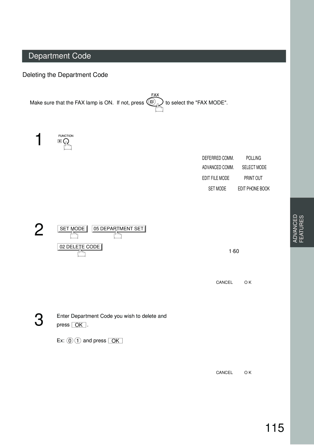 Panasonic DP-3000, DP-2500 manual 115, Deleting the Department Code, Enter Department Code you wish to delete 