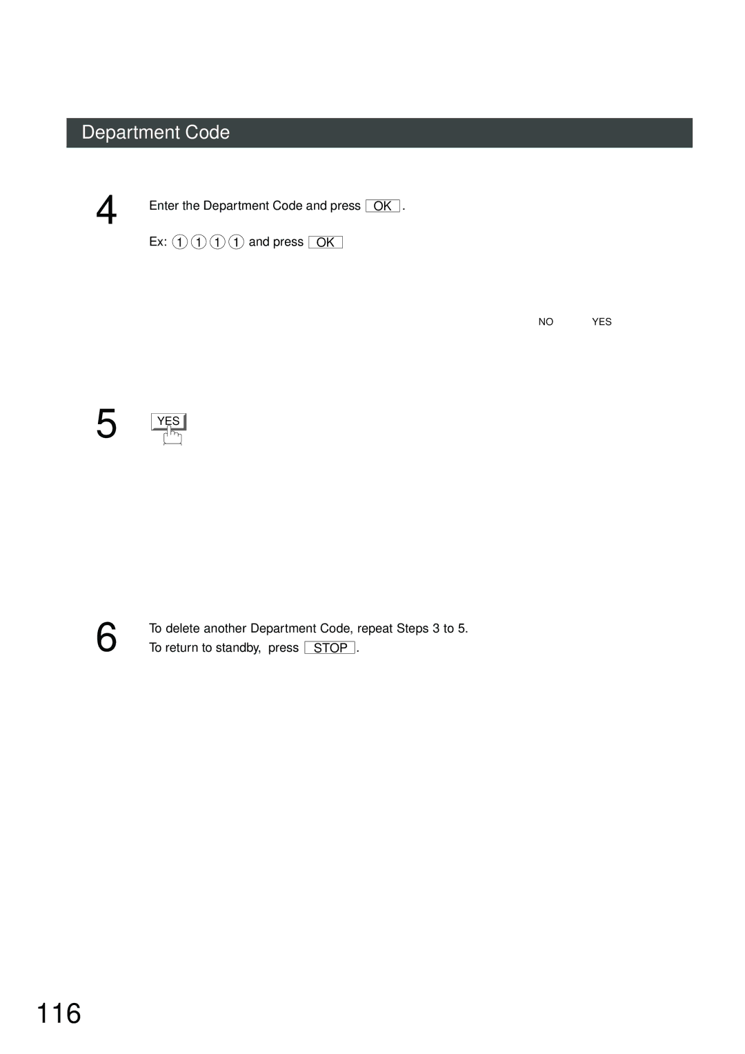 Panasonic DP-2500, DP-3000 manual 116, Enter the Department Code and press, Ex 10 10 10 10 and press OK 