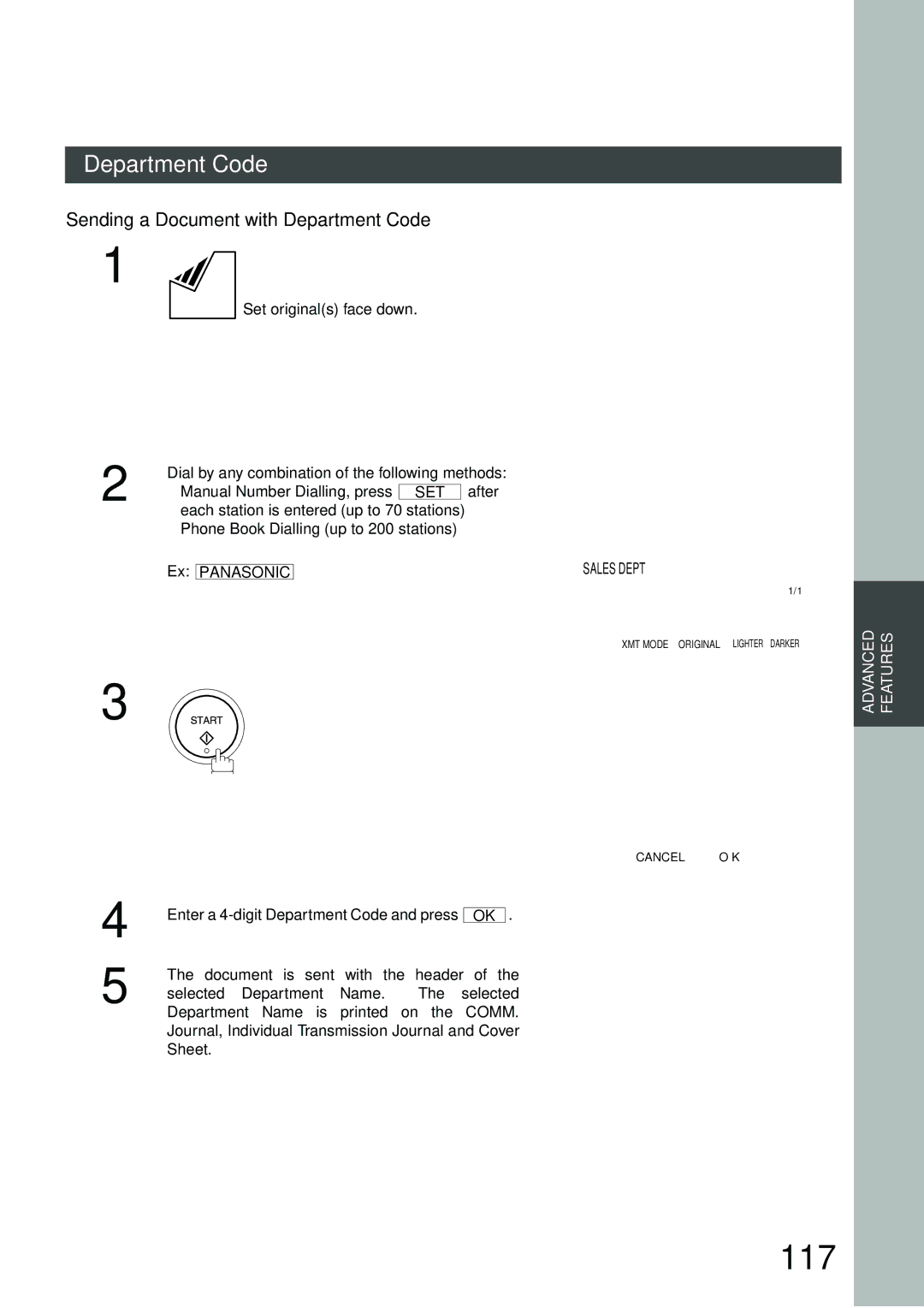 Panasonic DP-3000, DP-2500 manual 117, Sending a Document with Department Code, Panasonic Sales Dept, Input DEPT. Code 