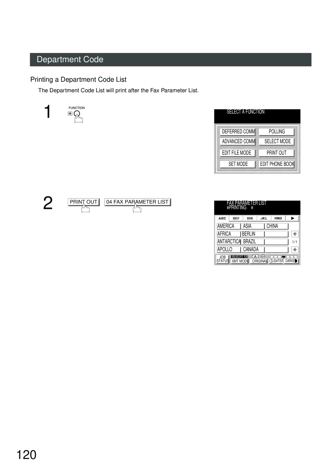 Panasonic DP-2500, DP-3000 manual 120, Printing a Department Code List, FAX Parameter List Printing 