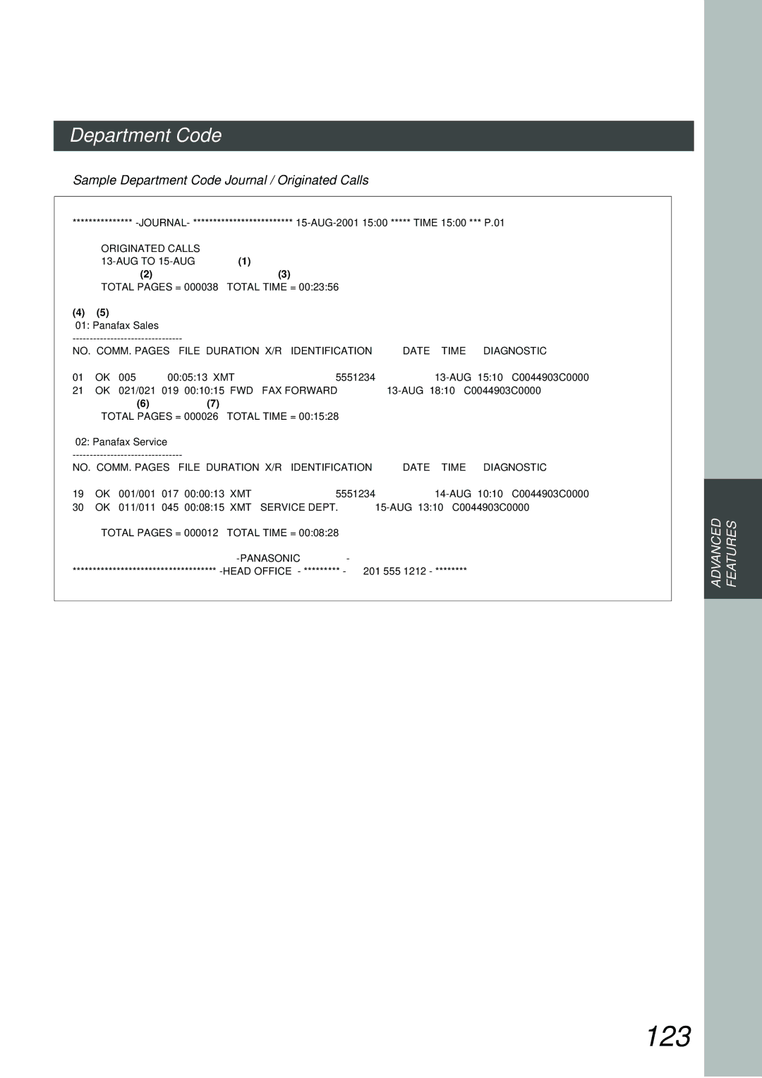 Panasonic DP-3000, DP-2500 manual 123, Sample Department Code Journal / Originated Calls 