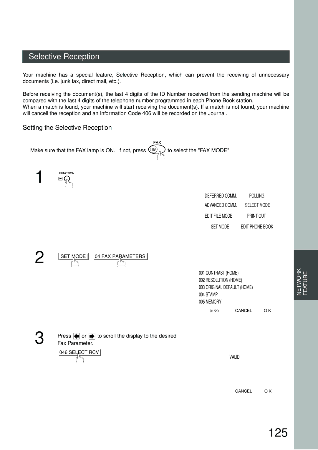 Panasonic DP-3000, DP-2500 manual 125, Setting the Selective Reception, FAX Parameters Select a Function 