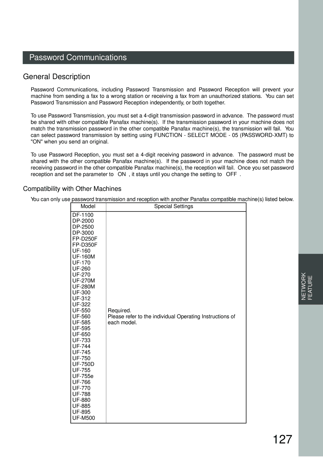 Panasonic DP-3000, DP-2500 manual 127, Password Communications, Compatibility with Other Machines, Model Special Settings 