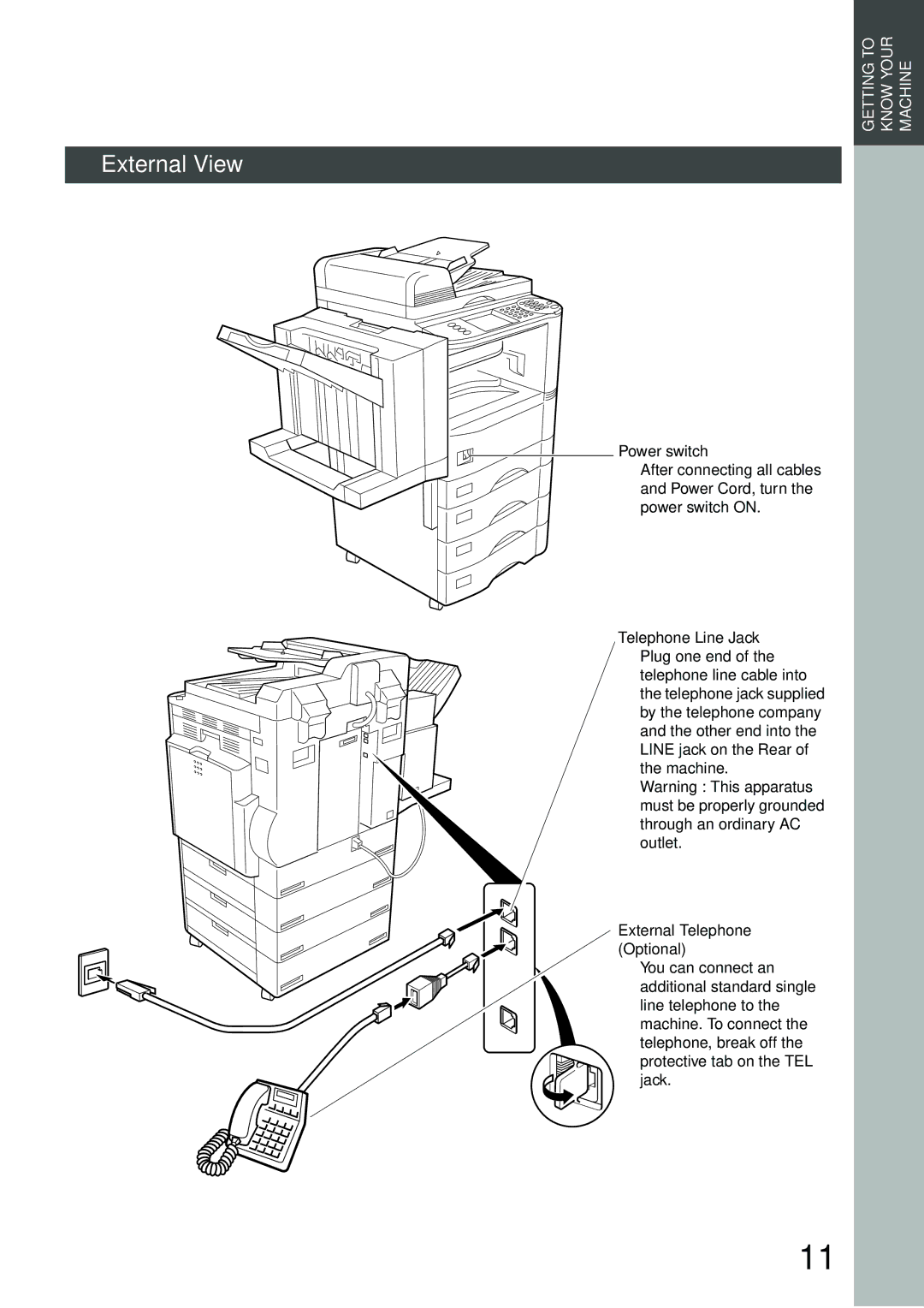 Panasonic DP-3000, DP-2500 manual Power switch, Telephone Line Jack, External Telephone Optional 