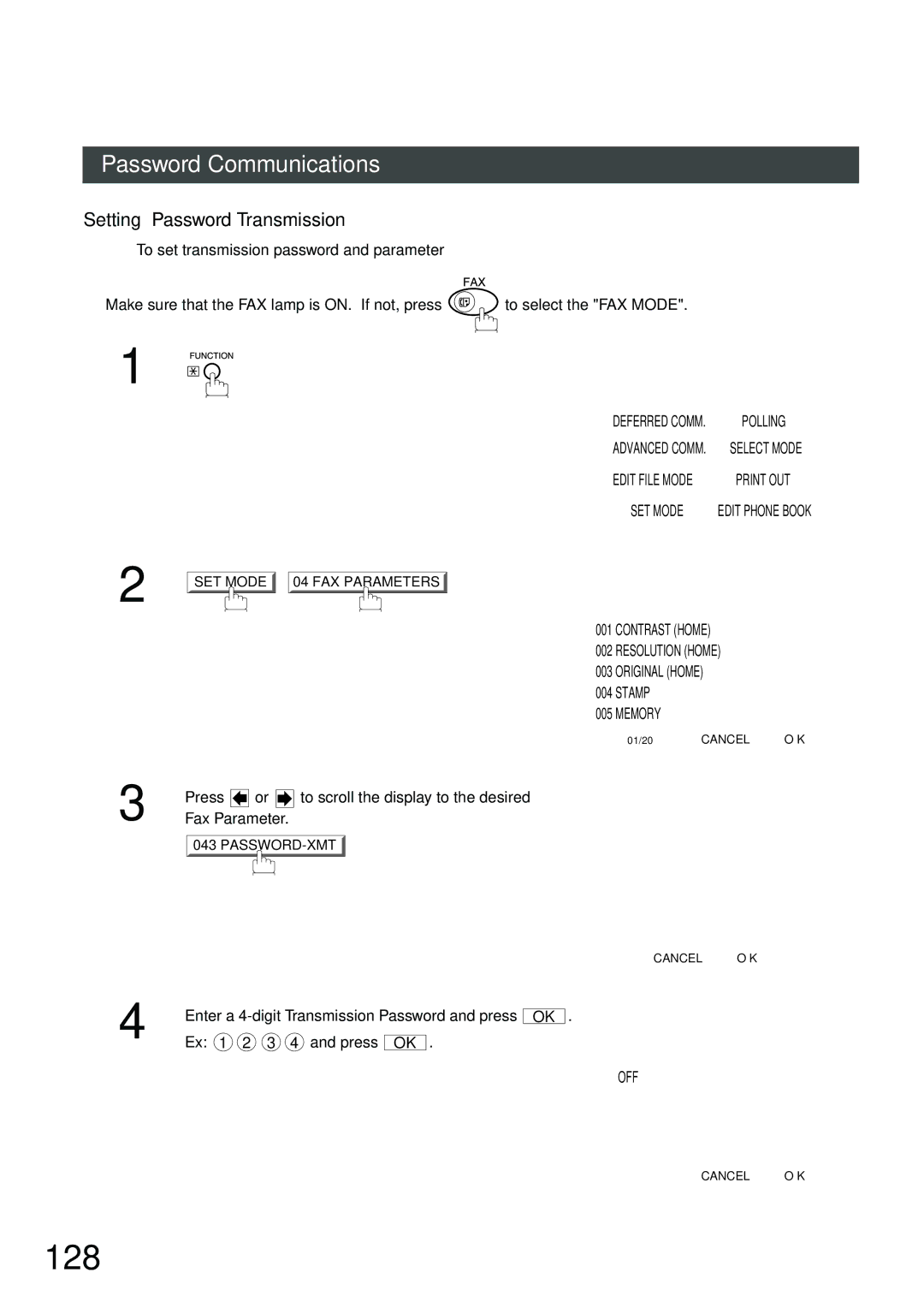 Panasonic DP-2500, DP-3000 manual 128, Setting Password Transmission, To set transmission password and parameter 