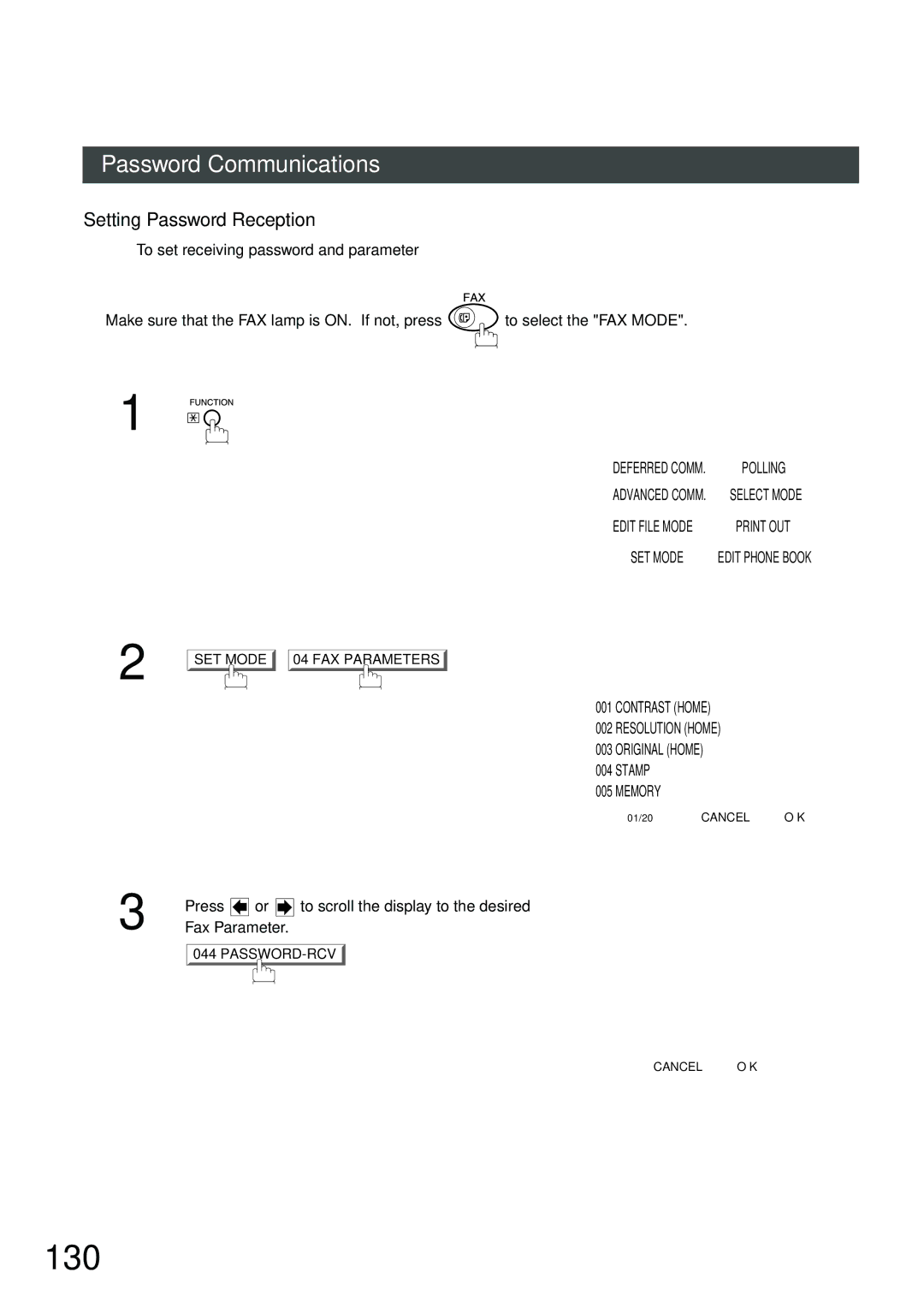 Panasonic DP-2500, DP-3000 manual 130, Setting Password Reception, To set receiving password and parameter 