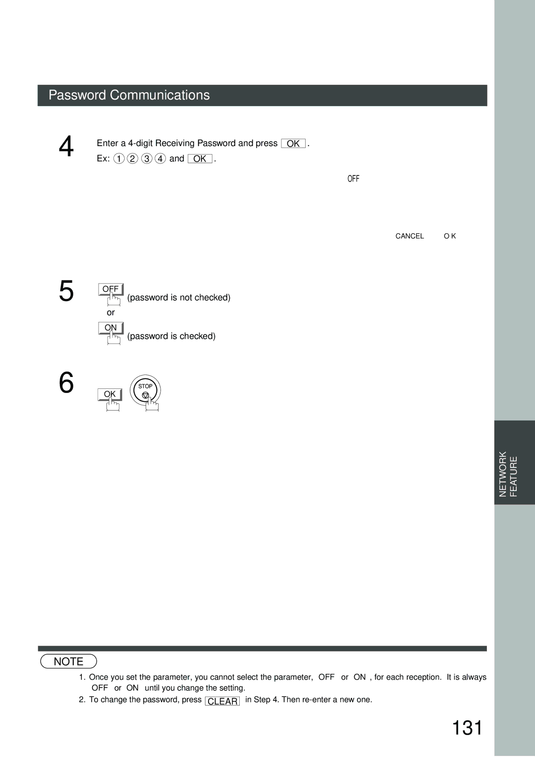 Panasonic DP-3000, DP-2500 manual 131, Enter a 4-digit Receiving Password and press, Ex 1 2 3 4 