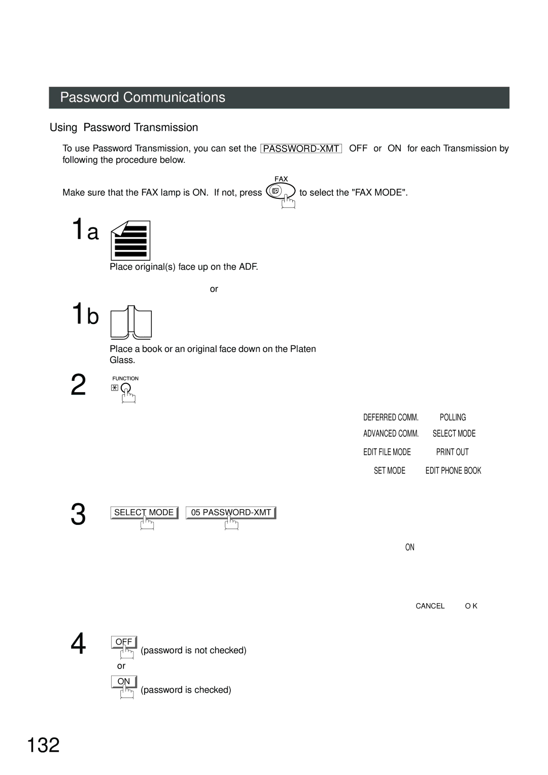 Panasonic DP-2500, DP-3000 manual 132, Using Password Transmission, PASSWORD-XMT Select a Function OFF on 