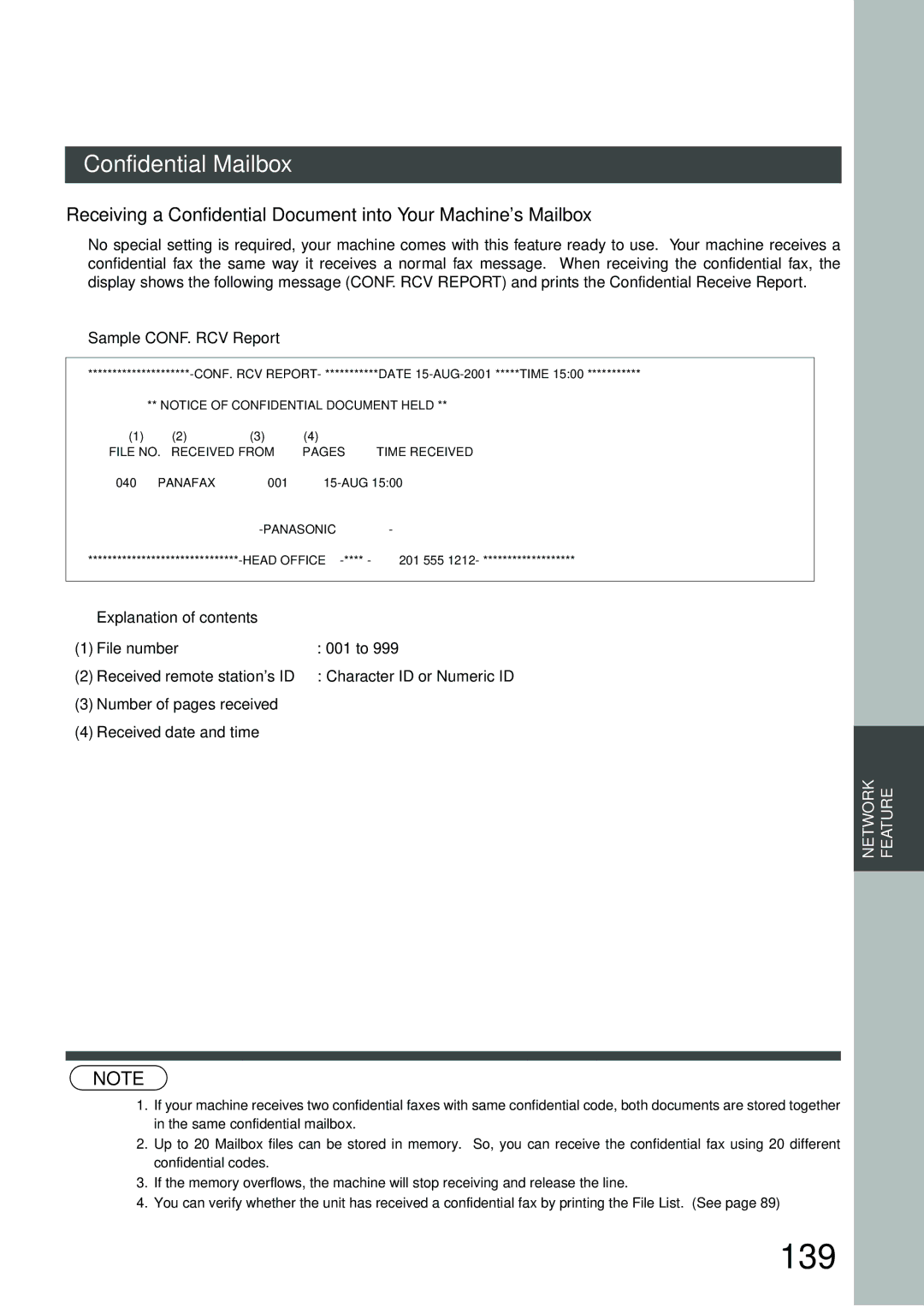 Panasonic DP-3000, DP-2500 manual 139, Sample CONF. RCV Report 