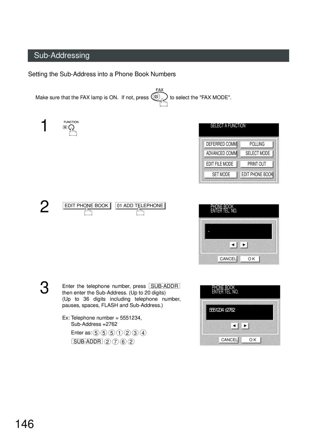 Panasonic DP-2500, DP-3000 manual 146, Setting the Sub-Address into a Phone Book Numbers 