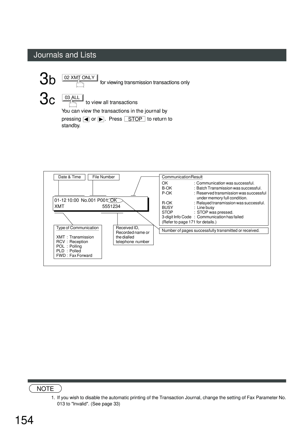 Panasonic DP-2500, DP-3000 manual 154, Journals and Lists, For viewing transmission transactions only 