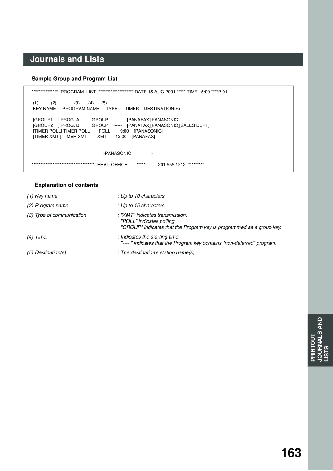 Panasonic DP-3000, DP-2500 manual 163, Sample Group and Program List 