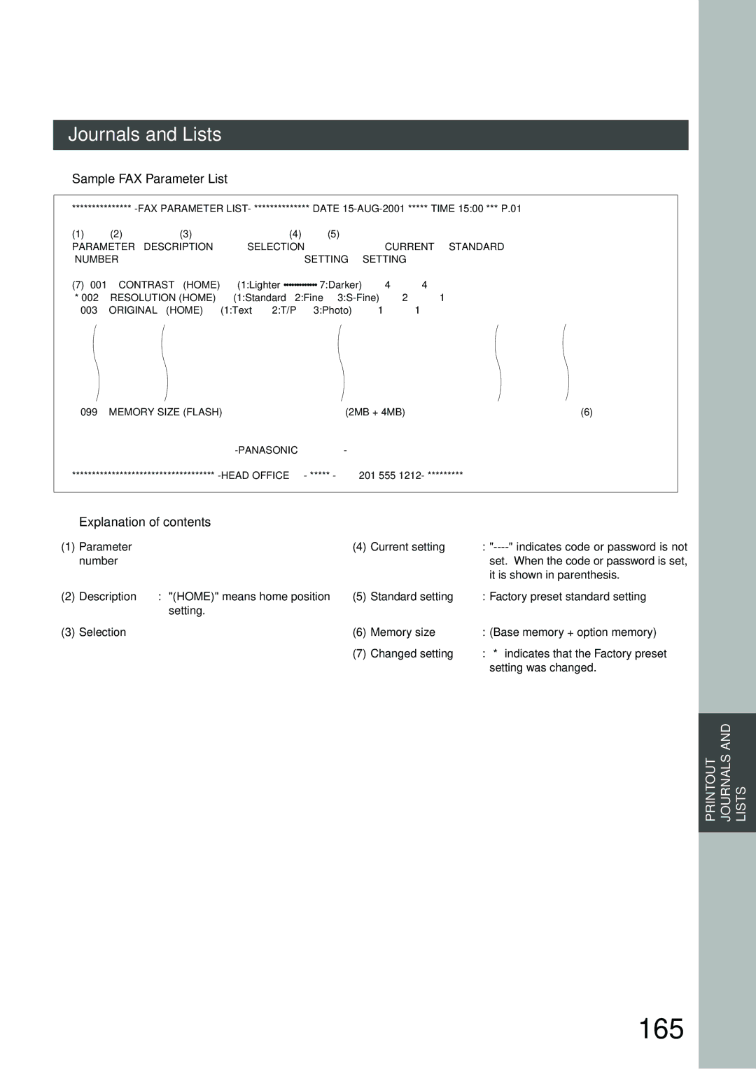 Panasonic DP-3000, DP-2500 manual 165, Sample FAX Parameter List 