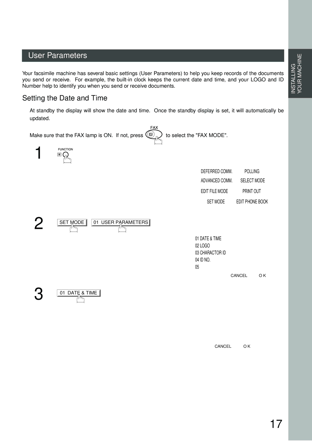 Panasonic DP-3000, DP-2500 Setting the Date and Time, User Parameters Select a Function, User Parameters Date & Time 