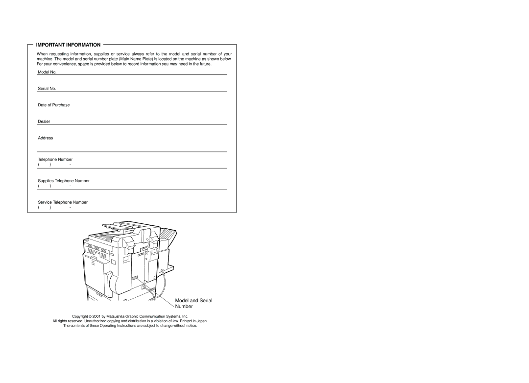 Panasonic DP-2500, DP-3000 manual Important Information 