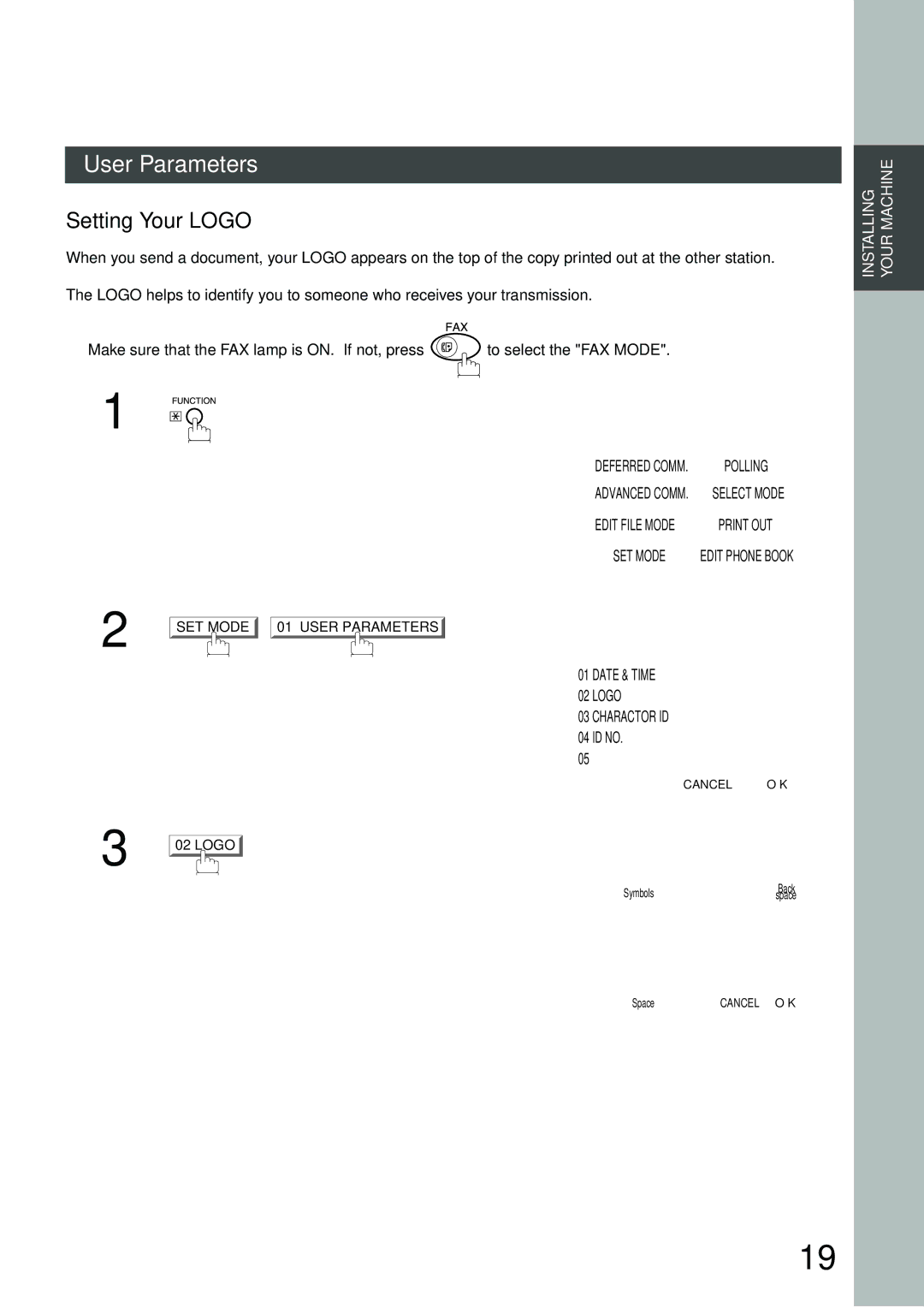 Panasonic DP-3000, DP-2500 manual Setting Your Logo, User Parameters 