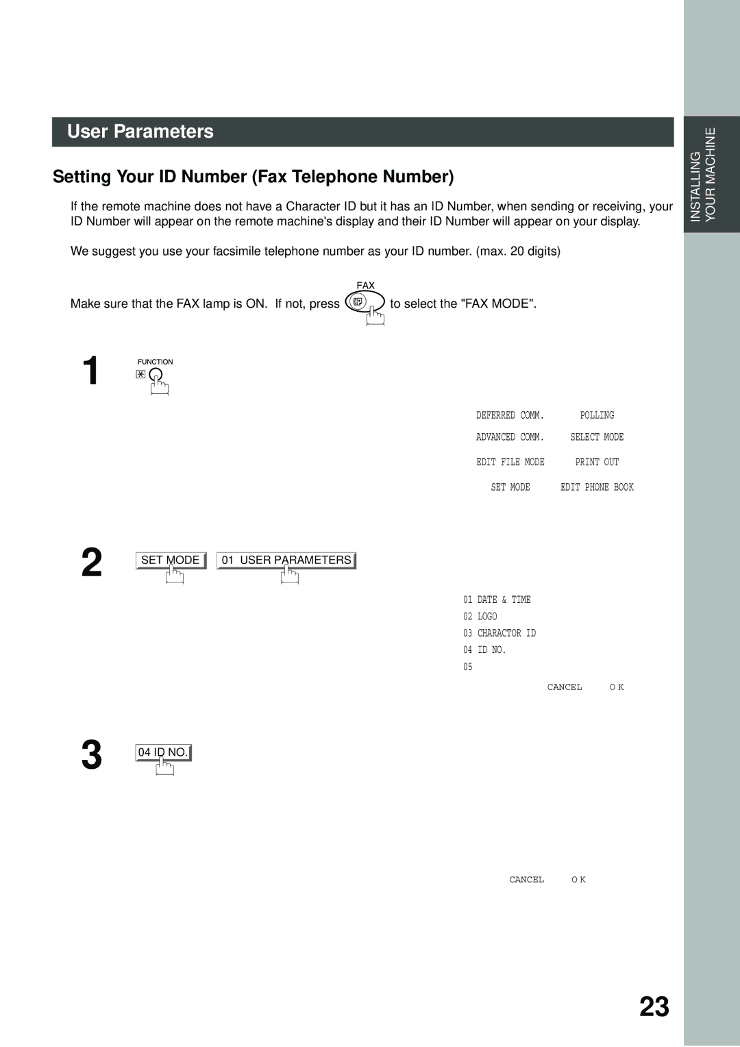 Panasonic DP-3000, DP-2500 manual Setting Your ID Number Fax Telephone Number, User Parameters ID no 