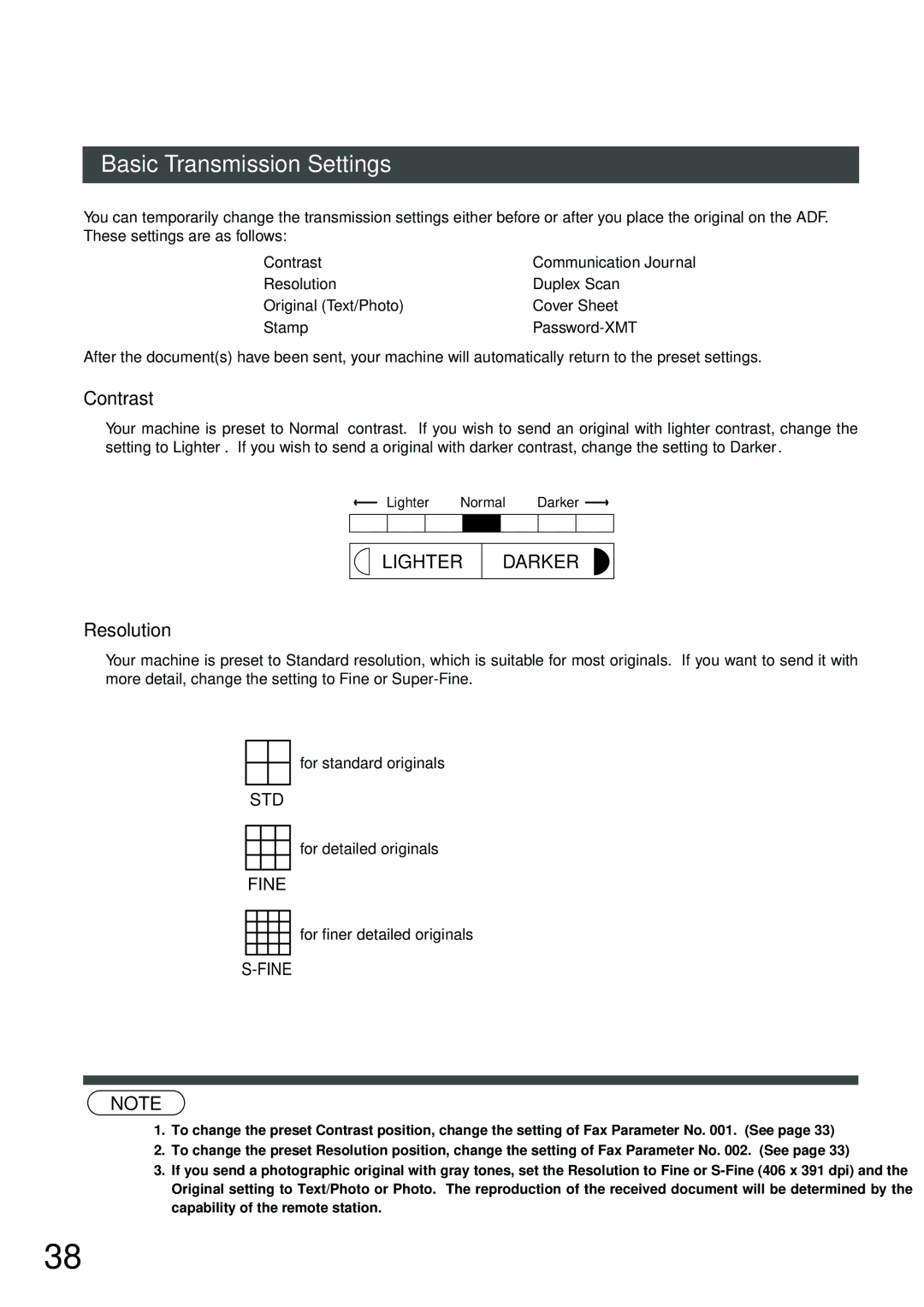 Panasonic DP-2500 Basic Transmission Settings, Contrast, Resolution, For detailed originals, For finer detailed originals 