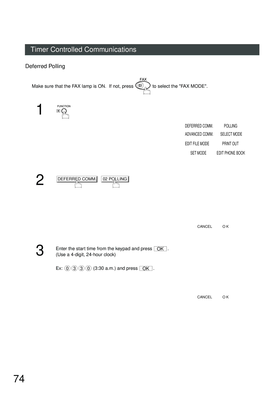 Panasonic DP-2500, DP-3000 manual Deferred Polling, Ex 0 3 3 0 330 a.m. and press OK 