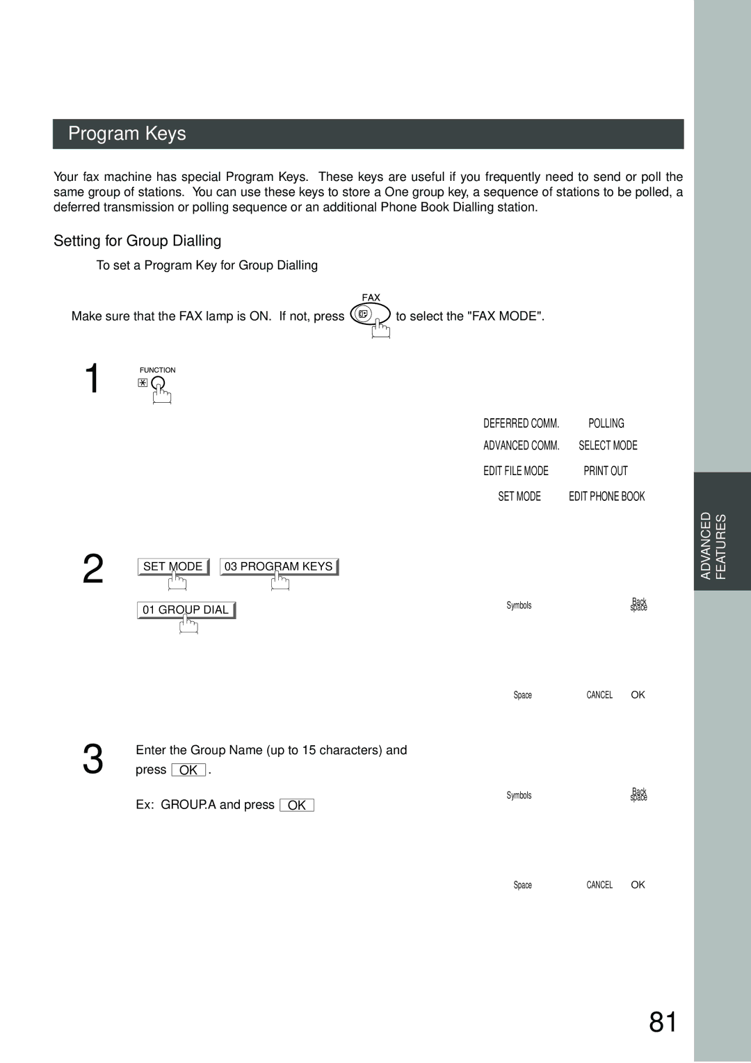 Panasonic DP-3000, DP-2500 manual Program Keys, Setting for Group Dialling, To set a Program Key for Group Dialling 